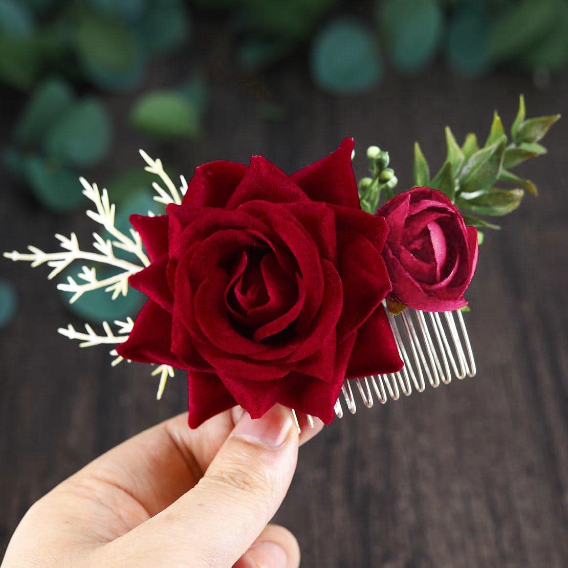 Handmade Velvet Rose Hair Comb for Women | Wedding Hair Accessories | Bridal Hairpiece with Artificial Flowers | Elegant Rose Hairpin for Prom, Banquet & Special Events | Perfect for Bridal Showers, Date Nights & Formal Occasions (Deep Red)