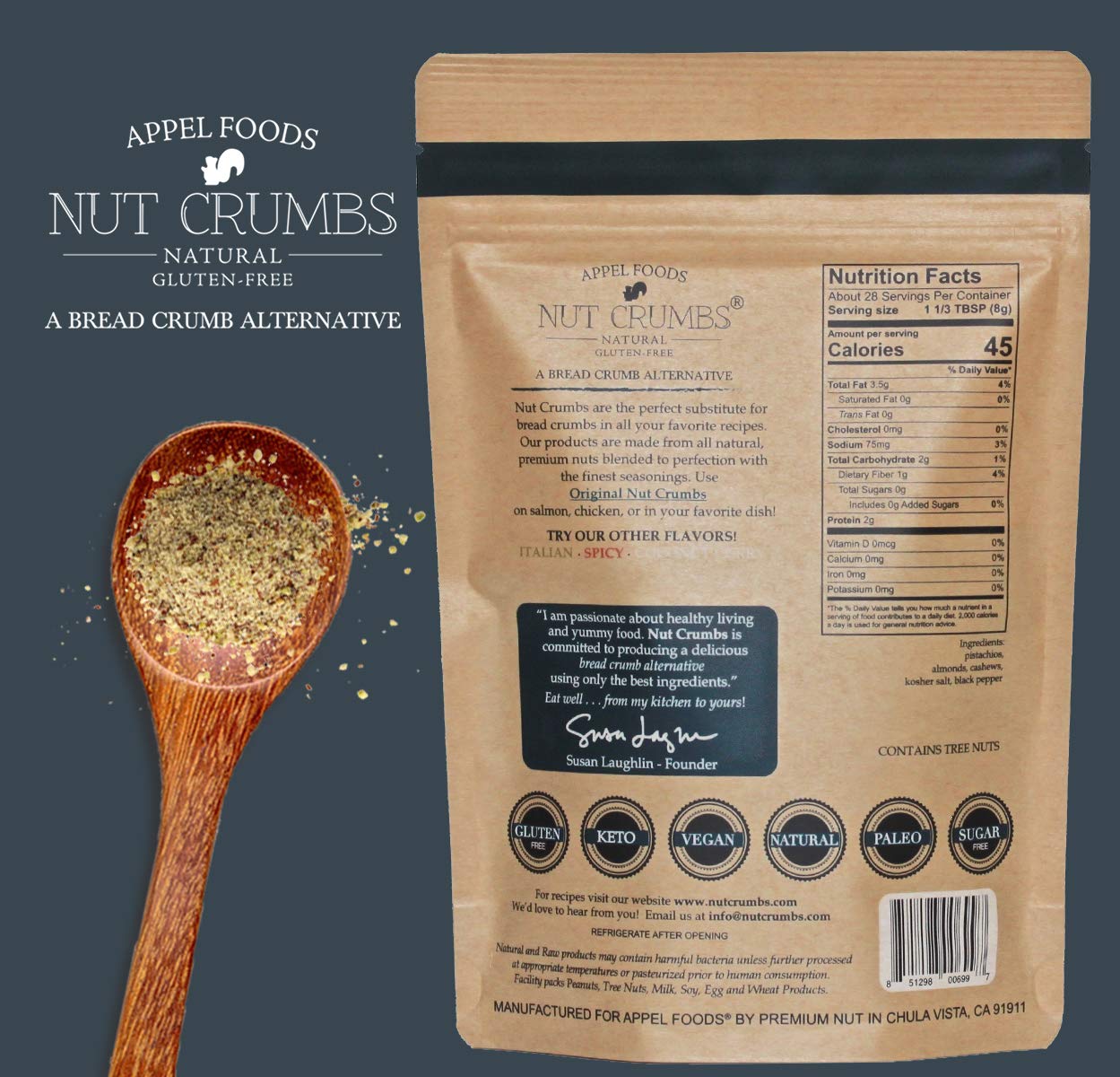 Appel Foods Nut Crumbs - Gluten Free, Sugar Free, Low Carb Breadcrumb Alternative - Premium Raw Nut Topping for Salads, Yogurt & Baking - Keto & Paleo Friendly