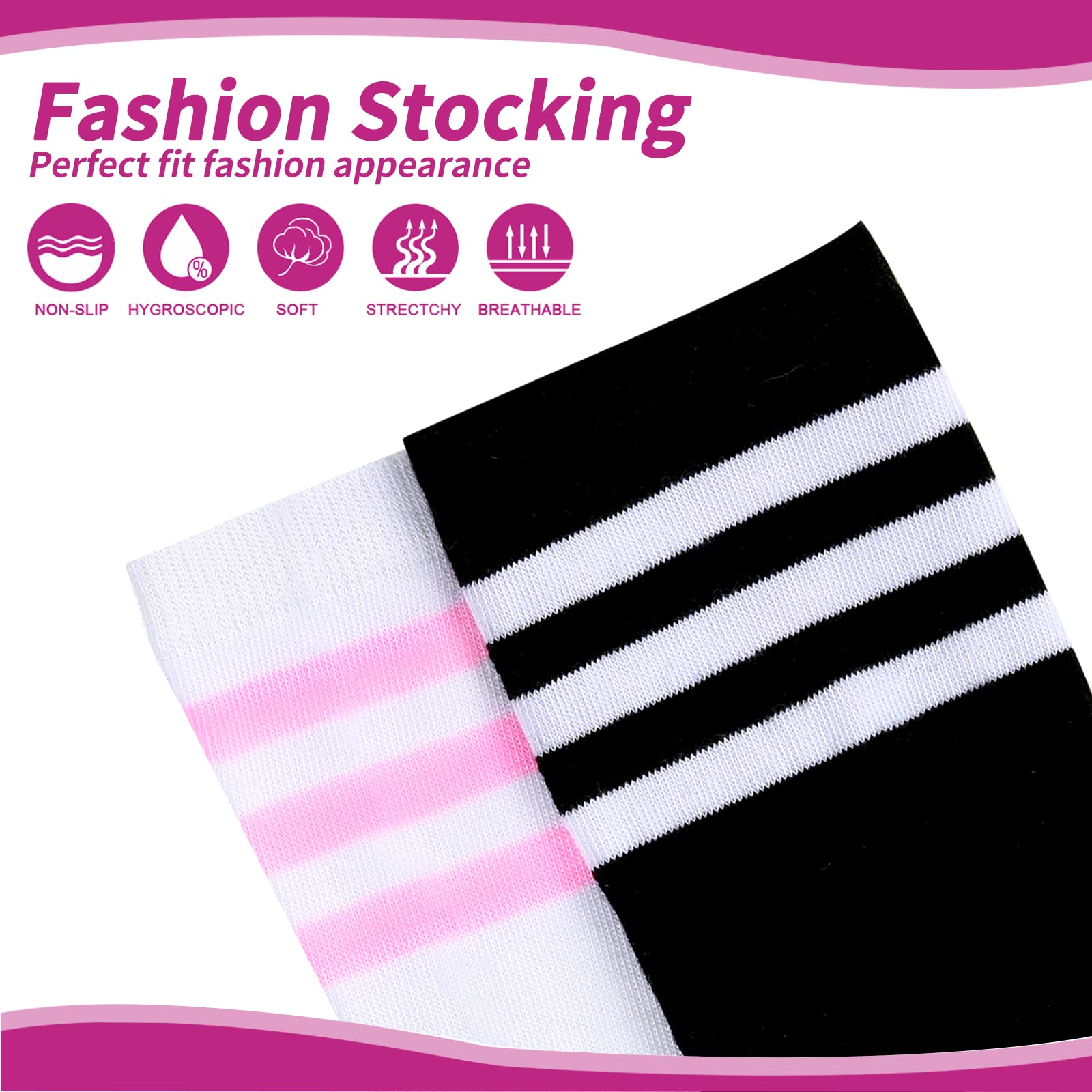 YOGINGO 2 PCS Thigh High Socks for Women - Cotton Striped Over Knee Socks for Daily Wear & Cosplay