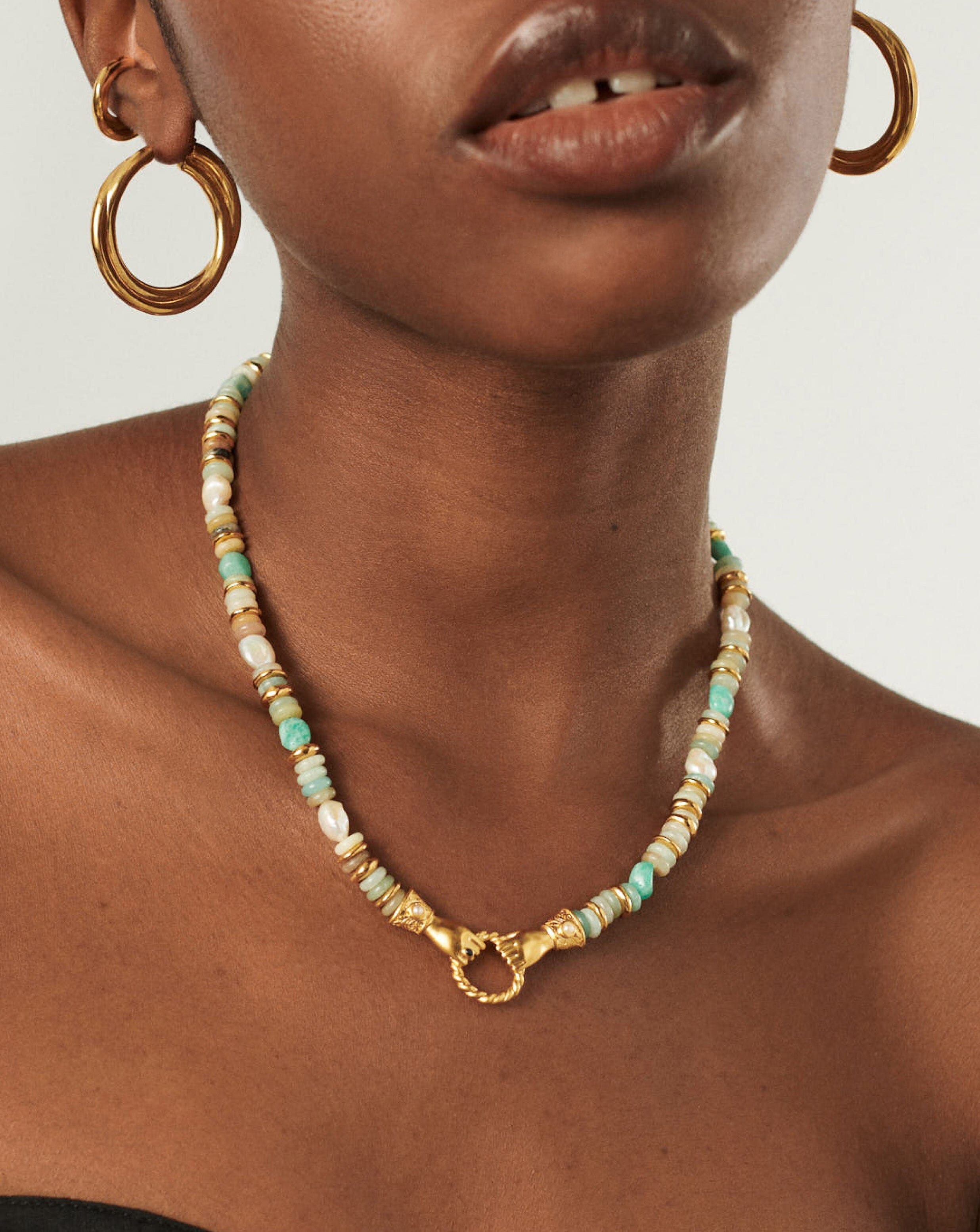 Harris Reed Chunky Beaded Gemstone Necklace - 18k Gold Plated Multi Amazonite & Pearl Statement Jewelry for Women | Elegant Gift for Birthday, Anniversary & Special Occasions | Boho Chic Fashion Accessory