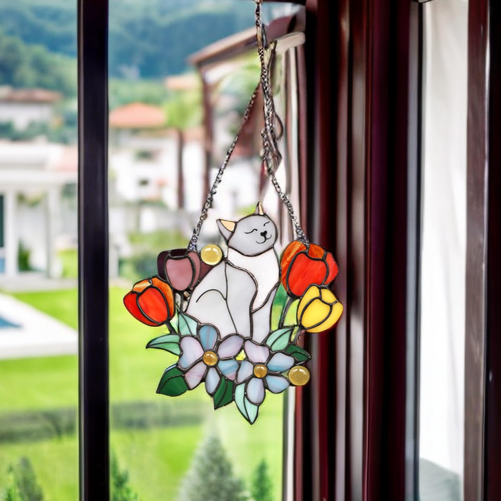 Handmade Cat Suncatchers Decor - Stained Glass Window Hangings with Floral Designs for Cat Lovers | Perfect for Home, Office, Patio & Gift Giving - Creates Beautiful Rainbow Reflections in Sunlight