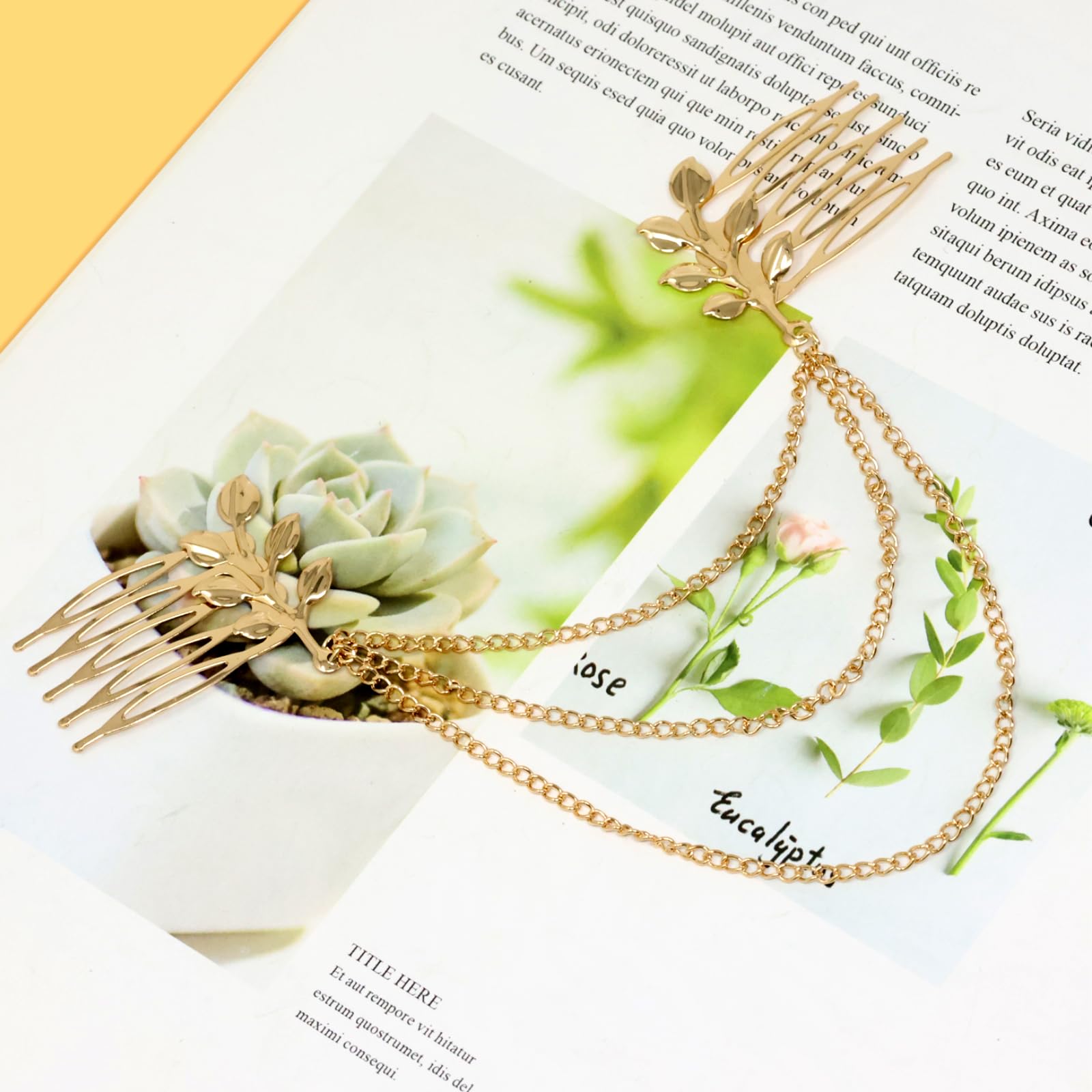 Yueton 2 Pack Fashion Women's Athena Olive Branch Tassel Leaf Hair Clips - Boho Hair Barrettes Bobby Pins for Bridal Headwear, Edge Clips, Cuffs & Headbands - Perfect for Weddings, Parties & Everyday Boho Style