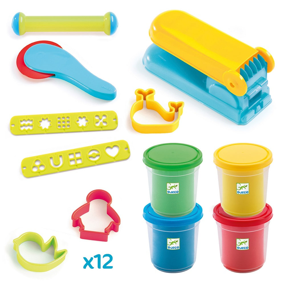 Djeco Play Dough Starter Set - 4 Colorful Non-Toxic Playdough Tubs & 15 Creative Tools for Kids | Perfect for Sensory Play, Arts & Crafts, and Early Childhood Development