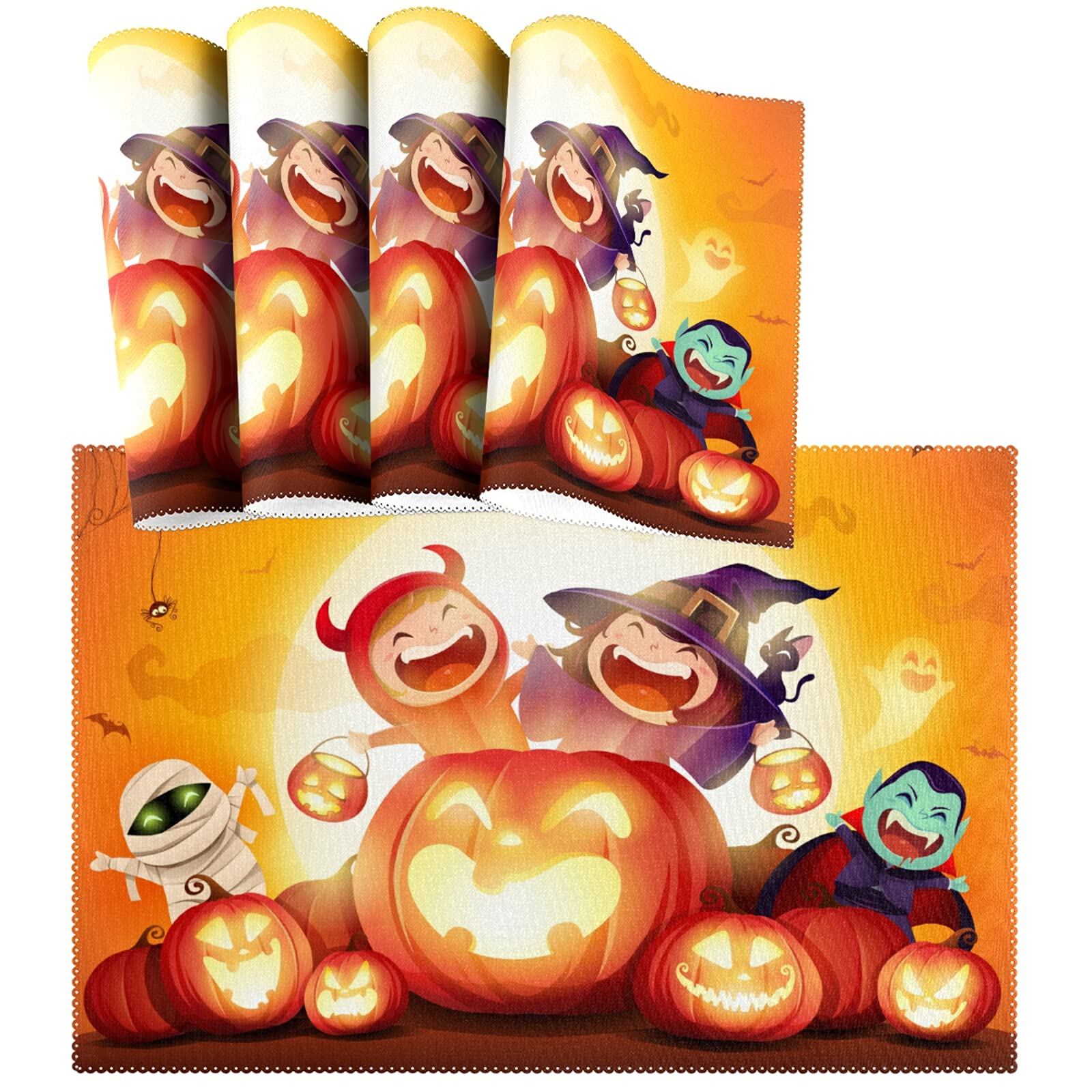 Halloween Pumpkin Witch Monster Placemats Set of 4 - Non-Slip Heat-Resistant Washable Table Mats for Kitchen & Dining - 12