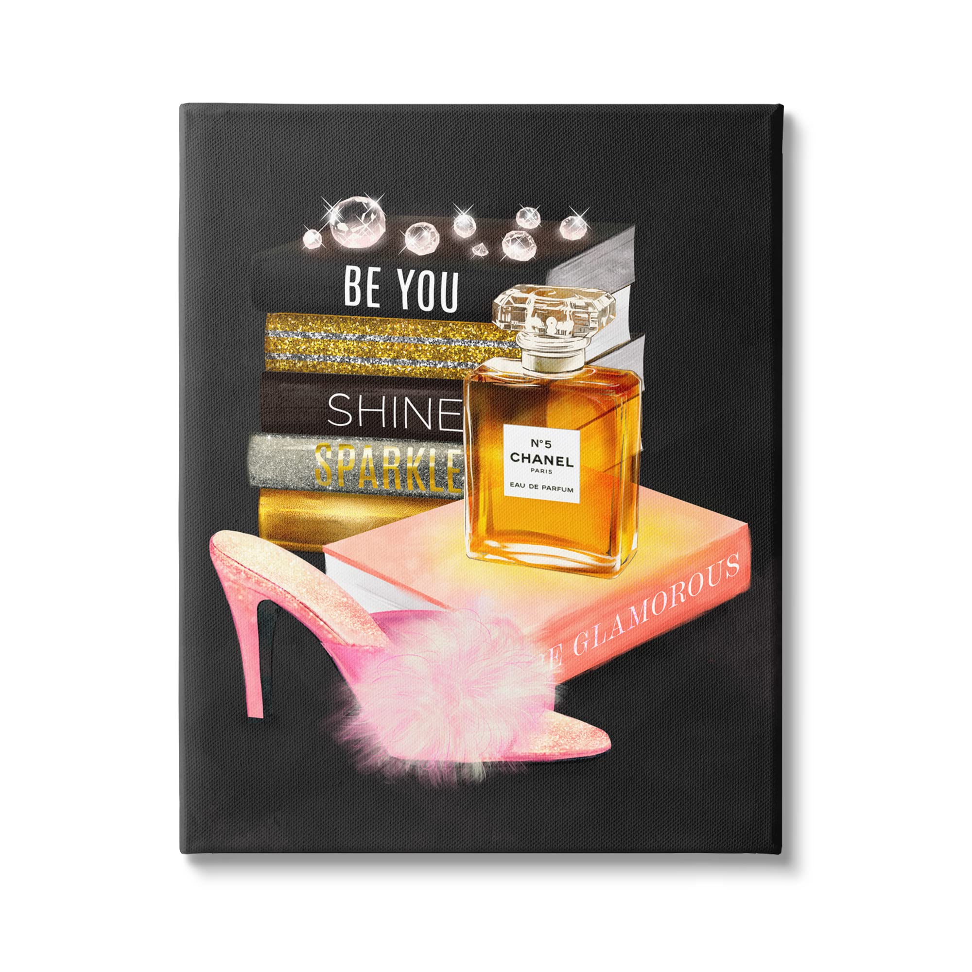 Stupell Industries 'Be You' Motivational Perfume Bottle & Bookstack Fluffy Pompom Heel Wall Art - Inspirational Home Decor for Bedroom, Office & Gift Giving - Designed by Ziwei Li
