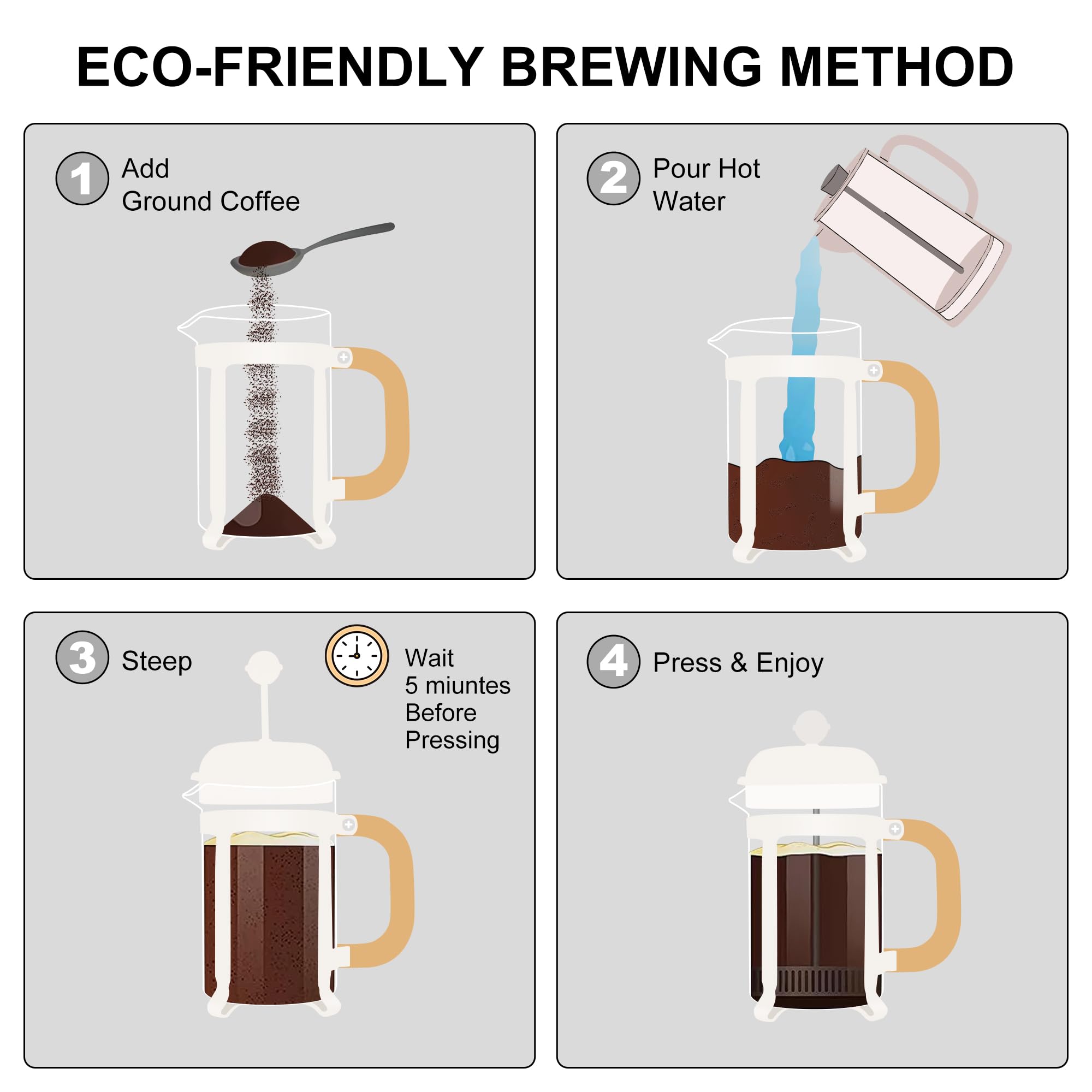 Premium 28oz French Press Coffee & Tea Maker - 304 Stainless Steel with Heat-Resistant Glass - White - Perfect for Home, Office & Camping Brewing