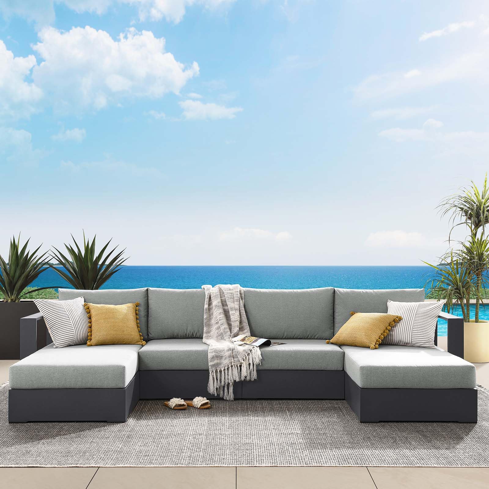 Modway Tahoe 4-Piece Aluminum Outdoor Patio Sectional Sofa Set with Weather-Resistant Cushions - Gray Modular Chaise Lounges for Deck, Backyard & Poolside Relaxation | Durable Patio Furniture for Outdoor Living Spaces