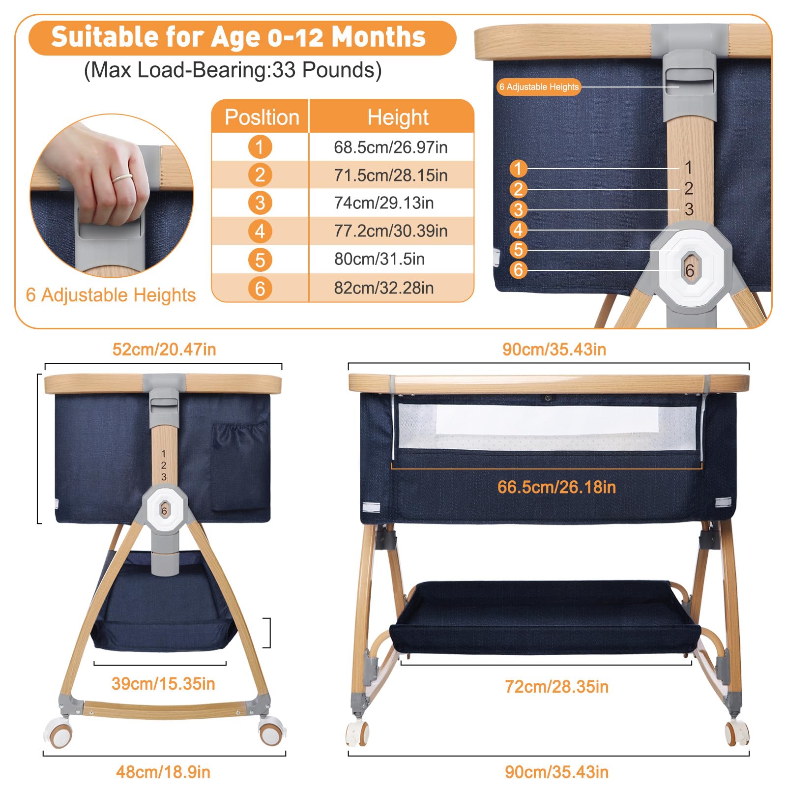 3-in-1 Adjustable Baby Bassinet Bedside Sleeper with Breathable Mesh, Comfortable Mattress & Wheels - Portable Folding Crib for Newborns, 6 Height Settings, Easy Assembly - Perfect for Nursery, Bedroom Co-Sleeping & Travel