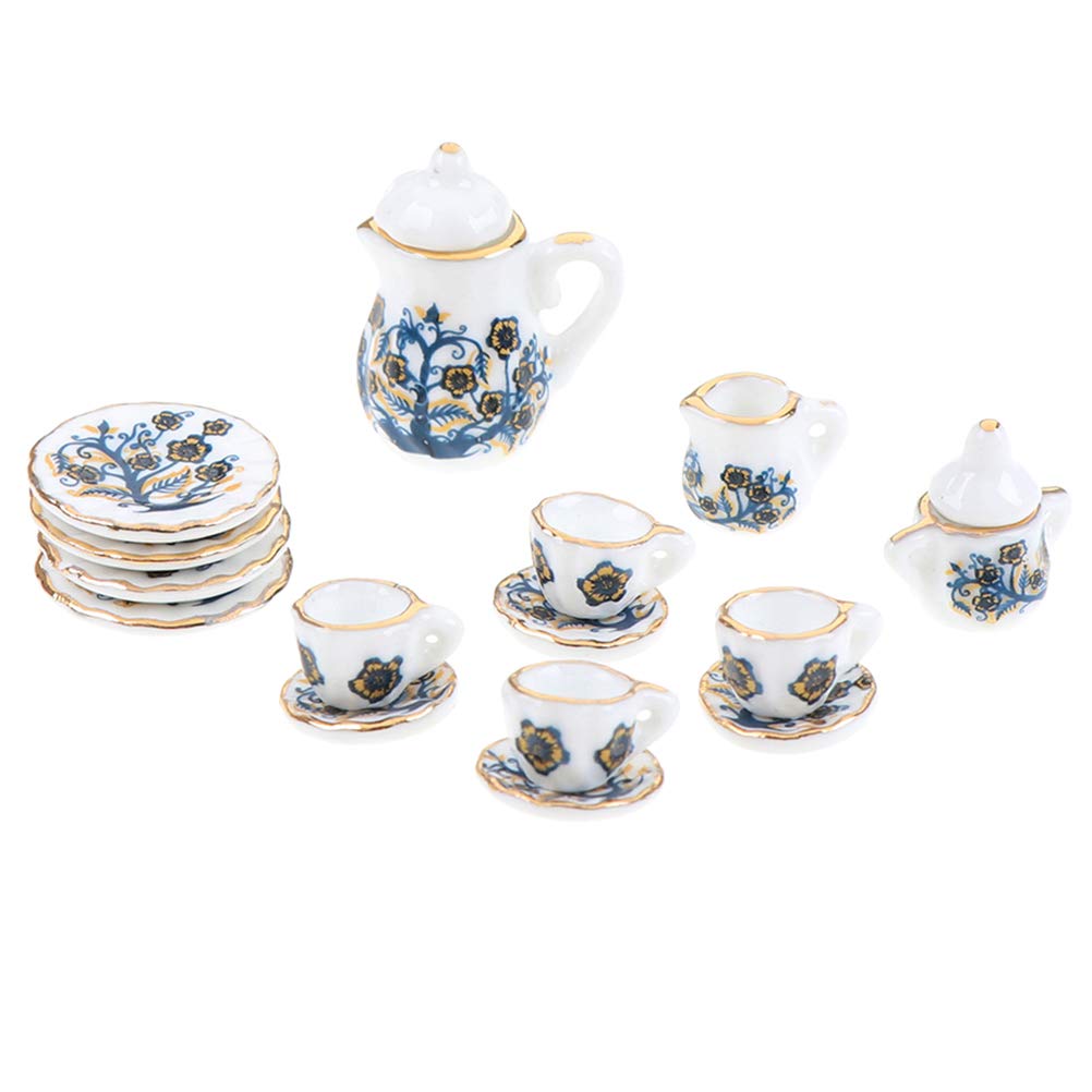 Eyomii 15-Piece Miniature Porcelain Dollhouse Tableware Set - Tiny Plates, Bowls & Tea Cups for Doll Kitchens - Perfect for Dollhouse Decor, Tea Party Accessories & Miniature Collectors