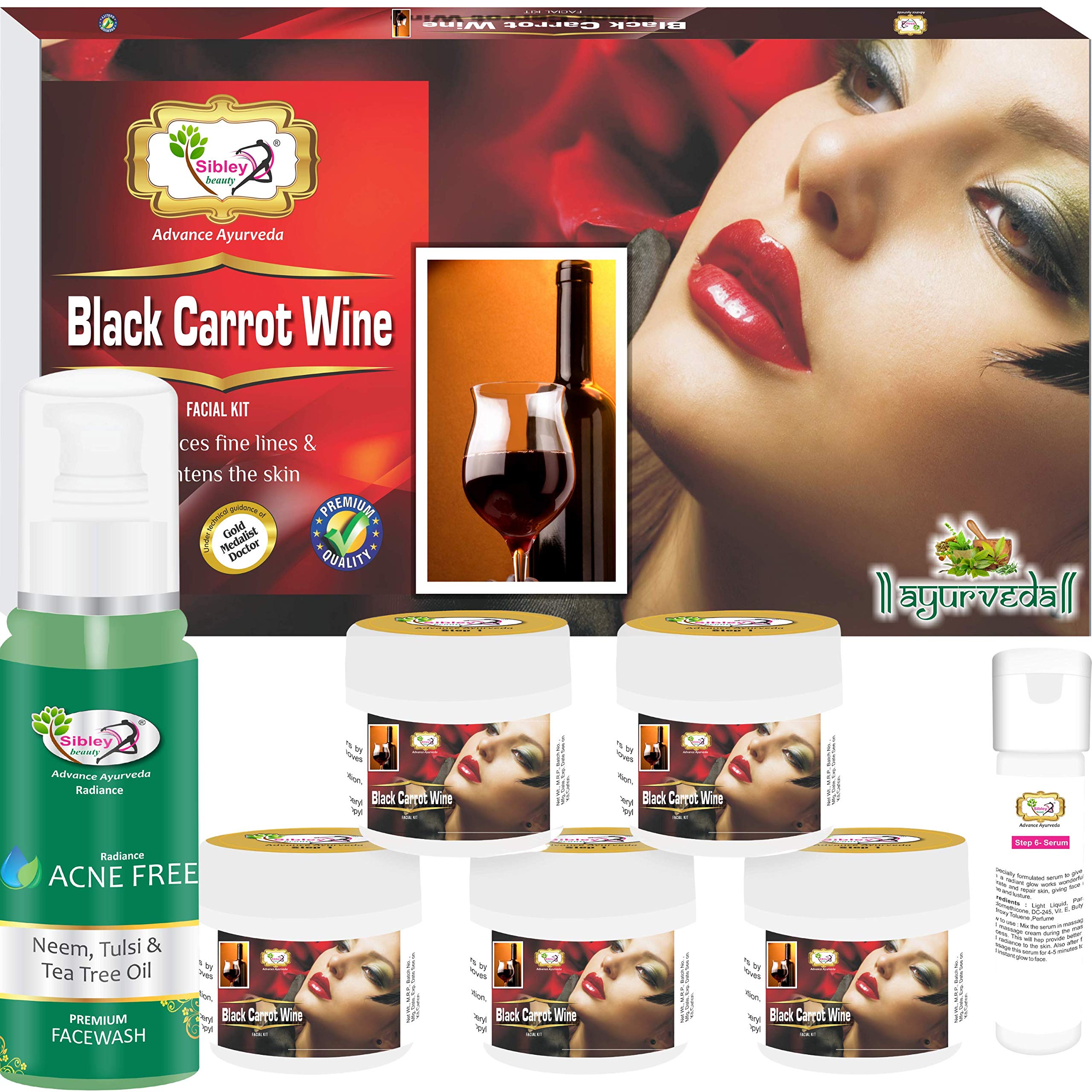 **Sibley Beauty Facial Kit - Wine Facial Kit (155g + 10ml Serum) Pack of 6 + Neem Tulsi Tea Tree Oil Acne Face Wash (100ml) for Men & Women - Normal, Oily, Dry & Combination Skin - Deep Cleansing & Glow Boost for Daily Skincare Routine**