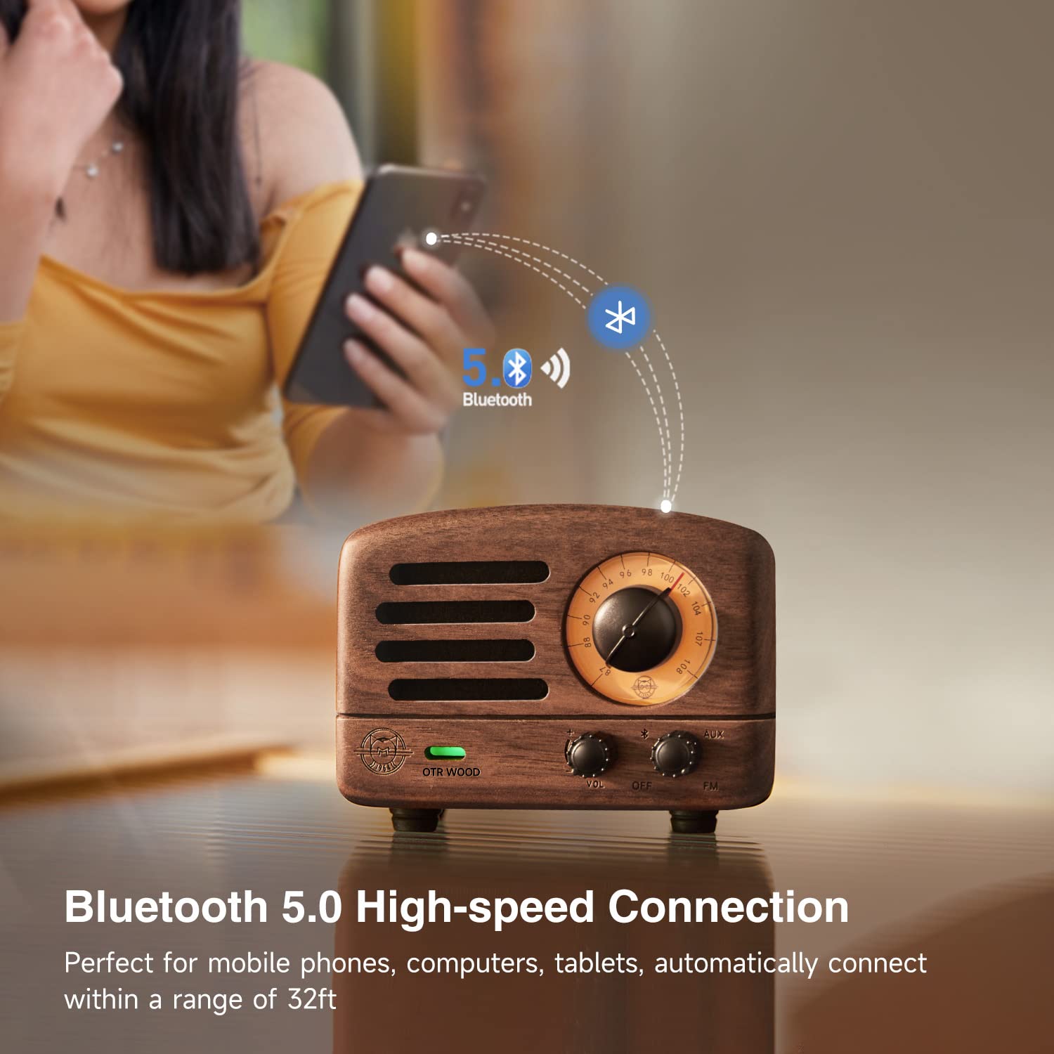 Vintage Muzen OTR Wood Portable Bluetooth Speaker with FM Radio, AUX Input & 10+ Hours Playtime - High Fidelity Stereo Sound, Retro Suitcase Design - Perfect for Home, Office, Picnic, Travel & Gift Giving