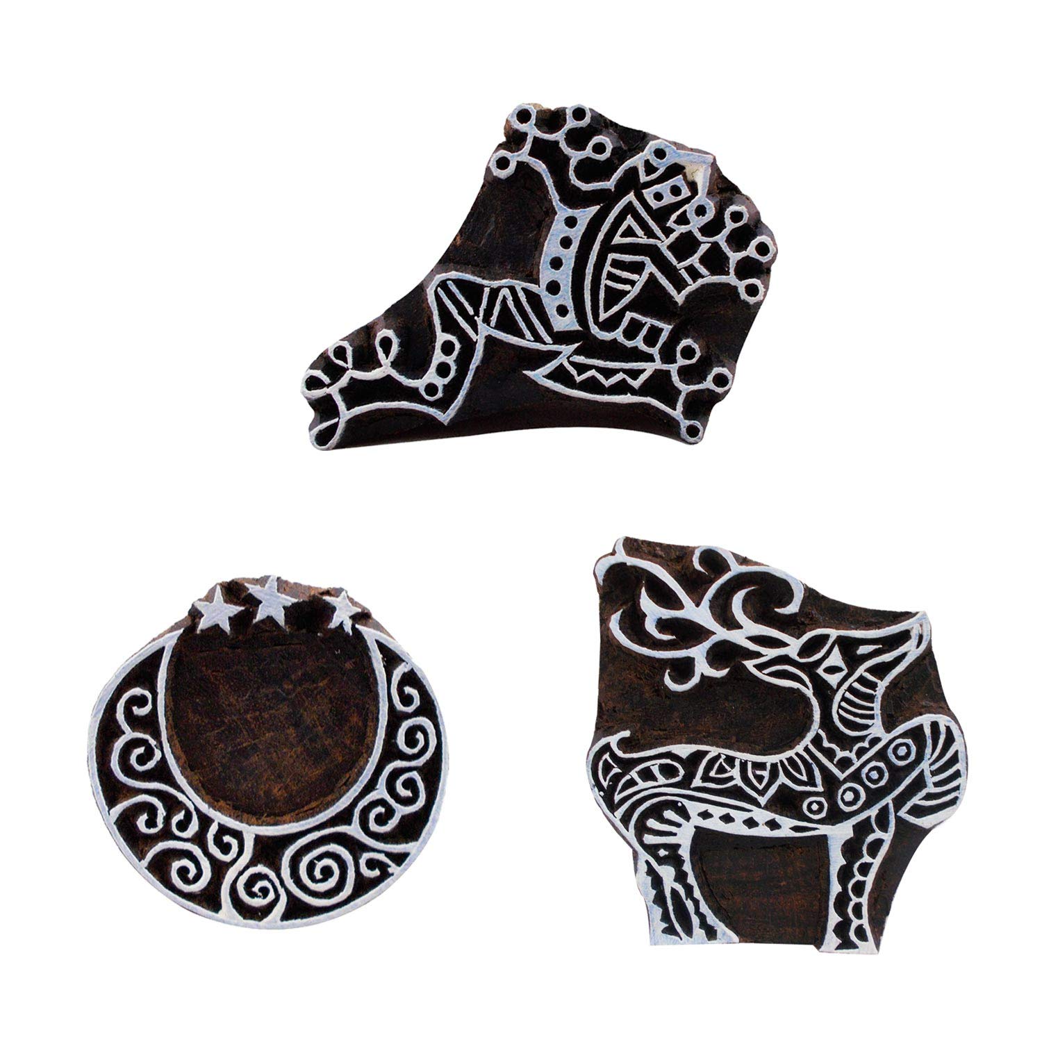 Handcarved Wooden Printing Blocks - Set of 3 (Frog, Moon Star & Deer) for Textile Stamping, Scrapbooking, Clay Art & Henna Tattoos - DIY Craft Stamps for Fabric, Paper & Skin - Perfect for Artists, Crafters & DIY Enthusiasts