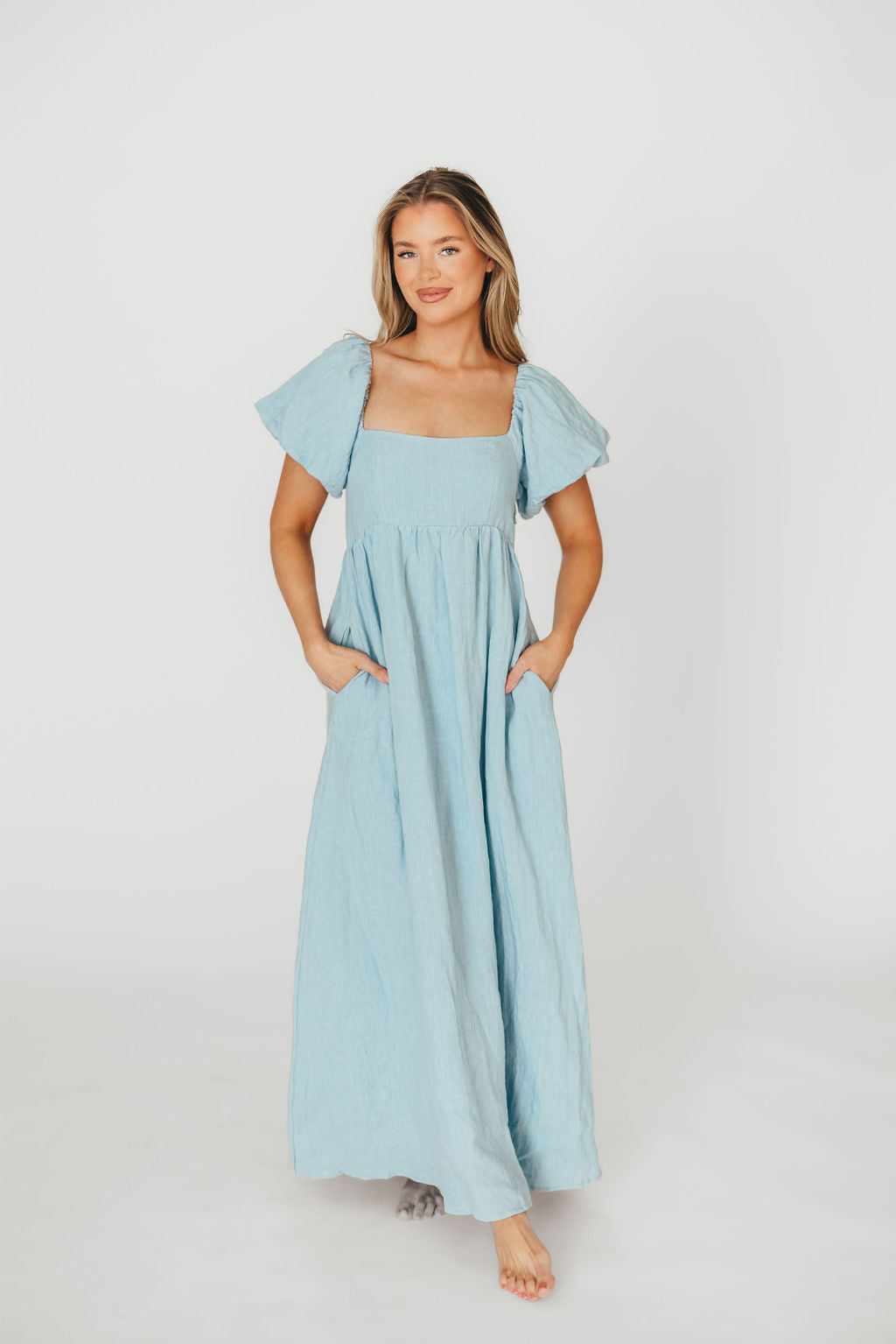 Candace Maxi Dress in Light Blue | 100% Linen Maternity Dress | Bump Friendly & Comfortable | Perfect for Summer, Beach, and Casual Outings