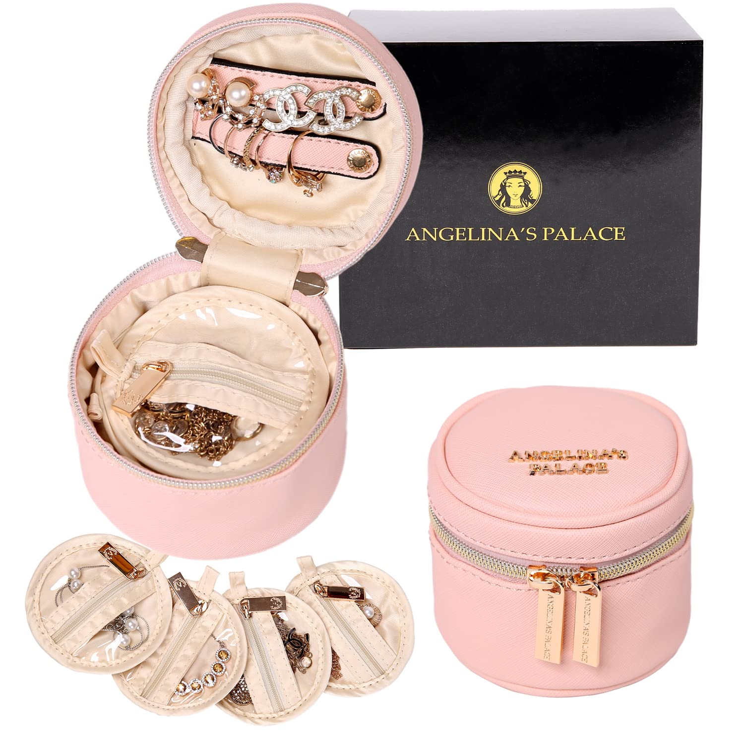 Angelina's Palace Round Jewelry Organizer Case - Vegan Leather Travel Jewelry Box for Necklace, Earrings, Bracelets & Rings - Perfect Bridesmaid Gift & Jewelry Storage Solution (Soft Pink) - Great for Travel, Home Organization & Wedding Accessories