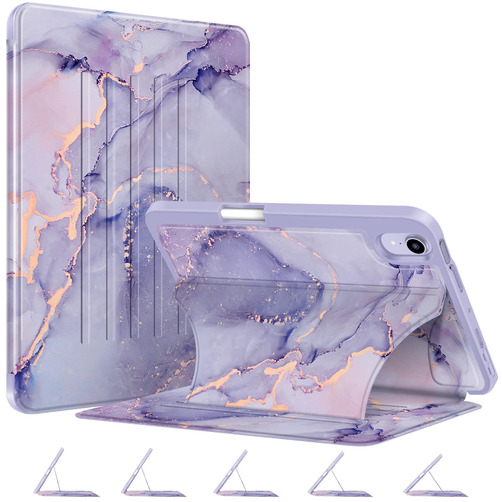 Fintie Magnetic Shockproof Stand Case for iPad Mini 7 (2024, A17 Pro) & iPad Mini 6 (8.3 Inch) - Multi-Angle Rugged Protective Cover with Soft TPU Back, Lilac Marble Design | Perfect for Work, Travel & Home Use