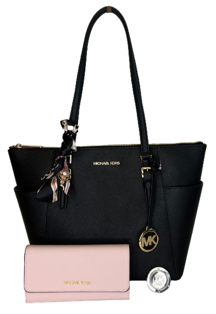 MICHAEL Michael Kors Charlotte Large Zip Tote Bag with Matching Trifold Wallet, Purse Hook & Skinny Scarf - Stylish Women's Handbag Set for Work, Travel & Everyday Use