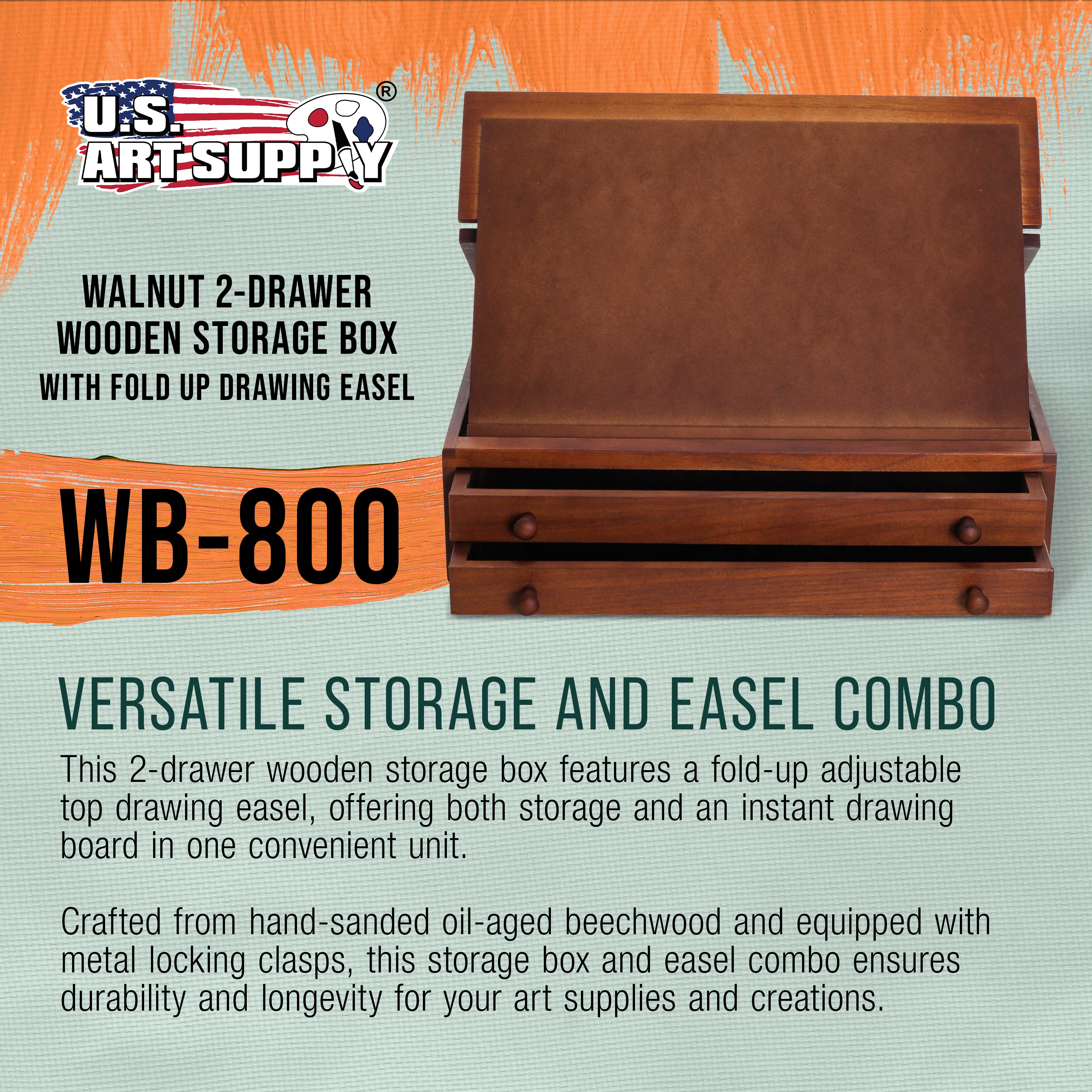 Premium Walnut 2-Drawer Wooden Art Storage Box with Adjustable Drawing Easel - Handcrafted Beechwood, Secure Metal Clasps - Perfect for Artists, Sketching & Art Supply Organization - Home Studio & Classroom Use