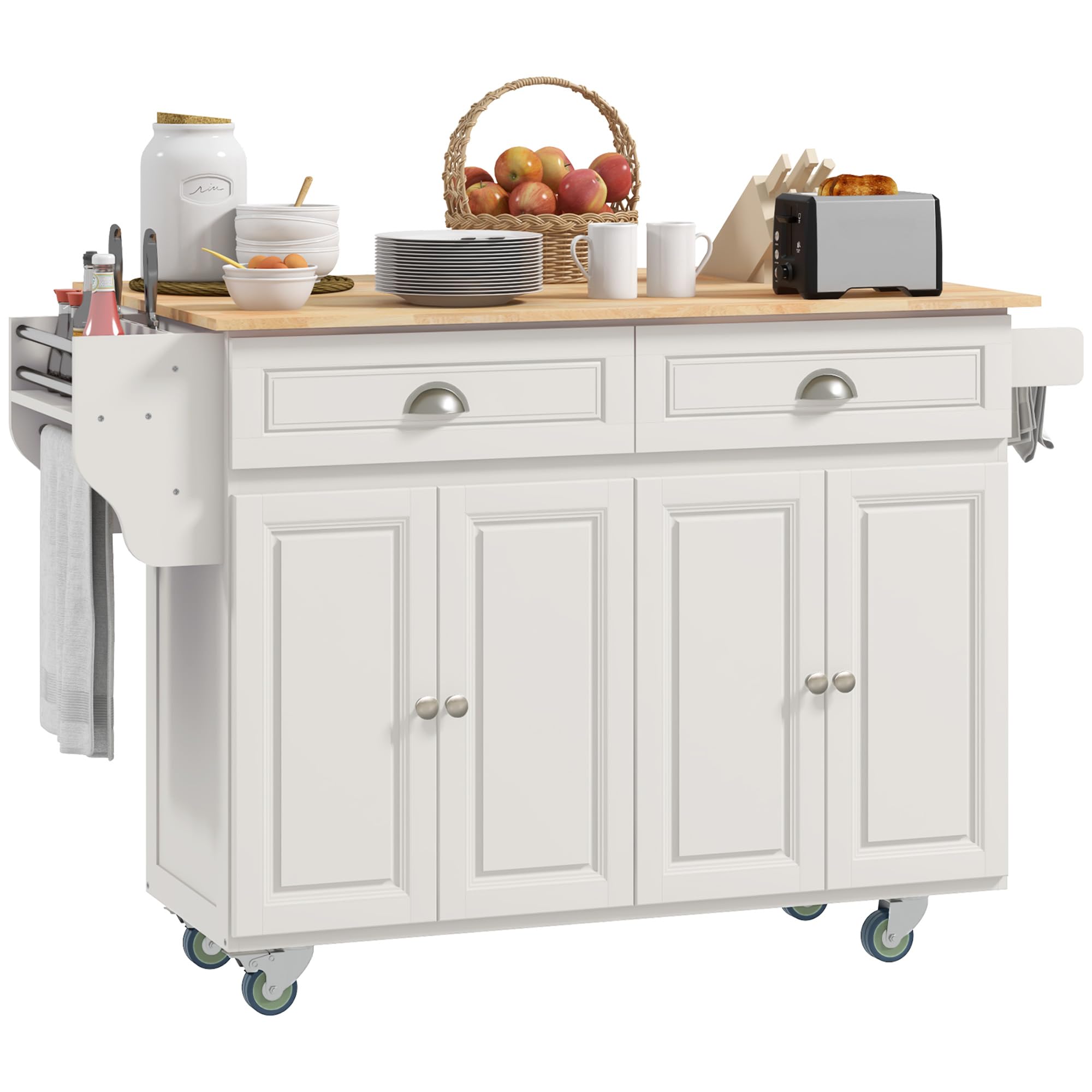HOMCOM Rolling Kitchen Island Cart with Drop Leaf, 2 Drawers & 2 Cabinets - Mobile Kitchen Cart with Rubber Wood Top for Small Spaces - Cream White Storage Solution for Dining Room, Apartment & Home Cooking