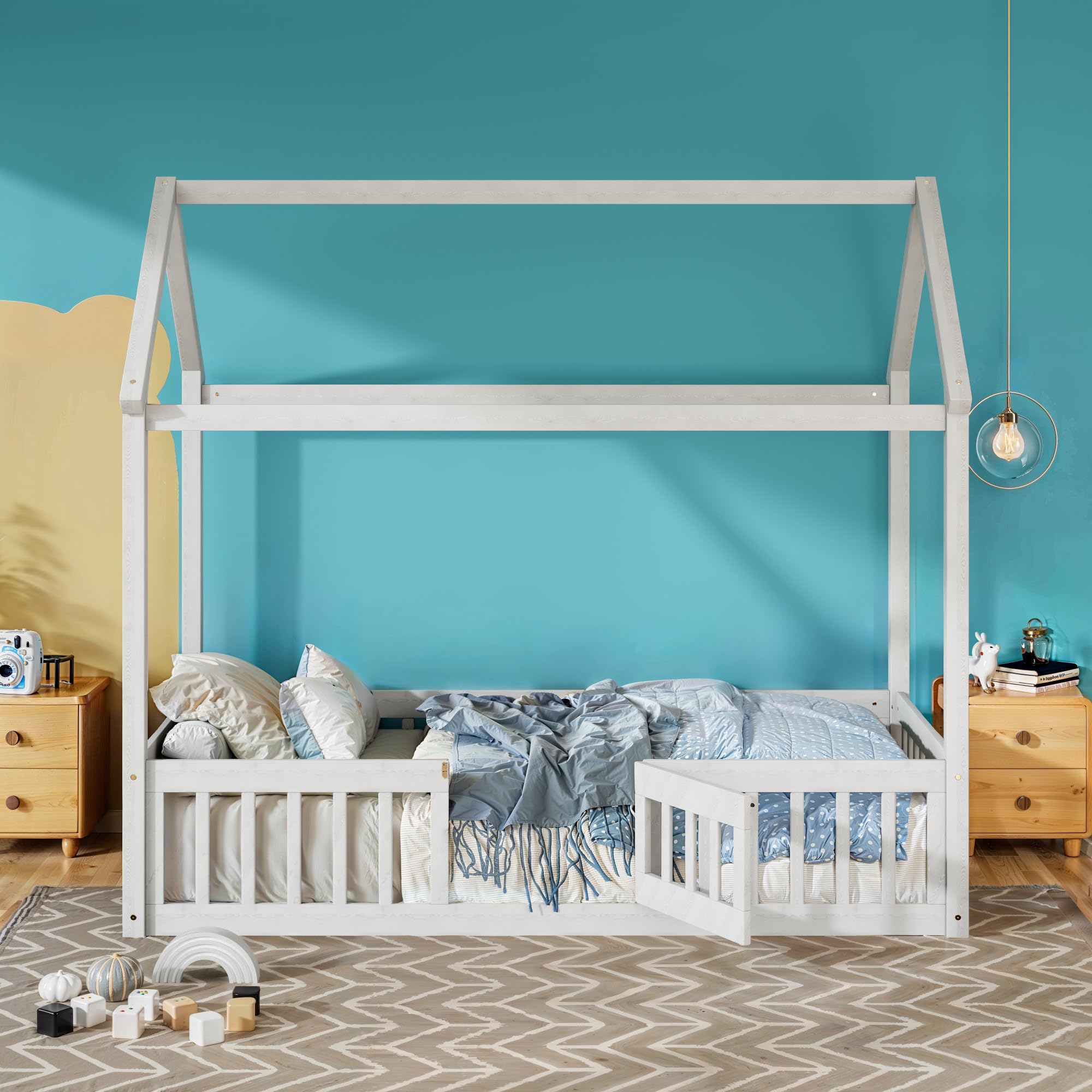 Merax Wooden House Bed with Fence & Door - Twin Size Floor Bed with Full Guardrail - White - Perfect for Kids Room, Playroom or Montessori Bedroom