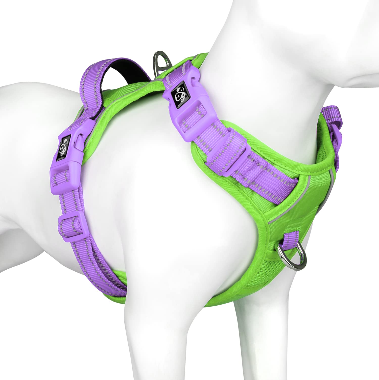 PHOEPET No Pull Dog Harness - Reflective Adjustable Dog Vest with Soft Training Handle & Metal Clips for Small Medium Large Dogs (Green Base/Purple Straps, XL) - Perfect for Walking, Training & Night Safety