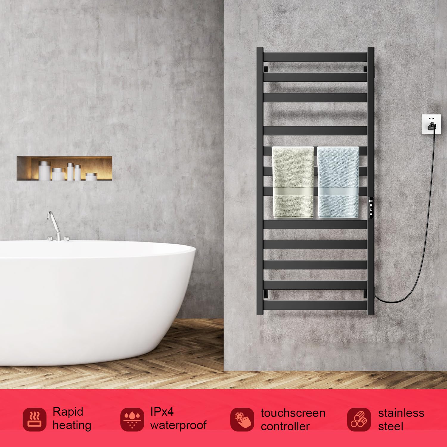 Premium Stainless Steel Towel Warmer Rack - 12 Bar Wall Mounted Bathroom Towel Heater with Smart Touch Screen Timer | Hardwired or Plug-in | Black | Perfect for Spa, Luxury Bathrooms & Home Wellness