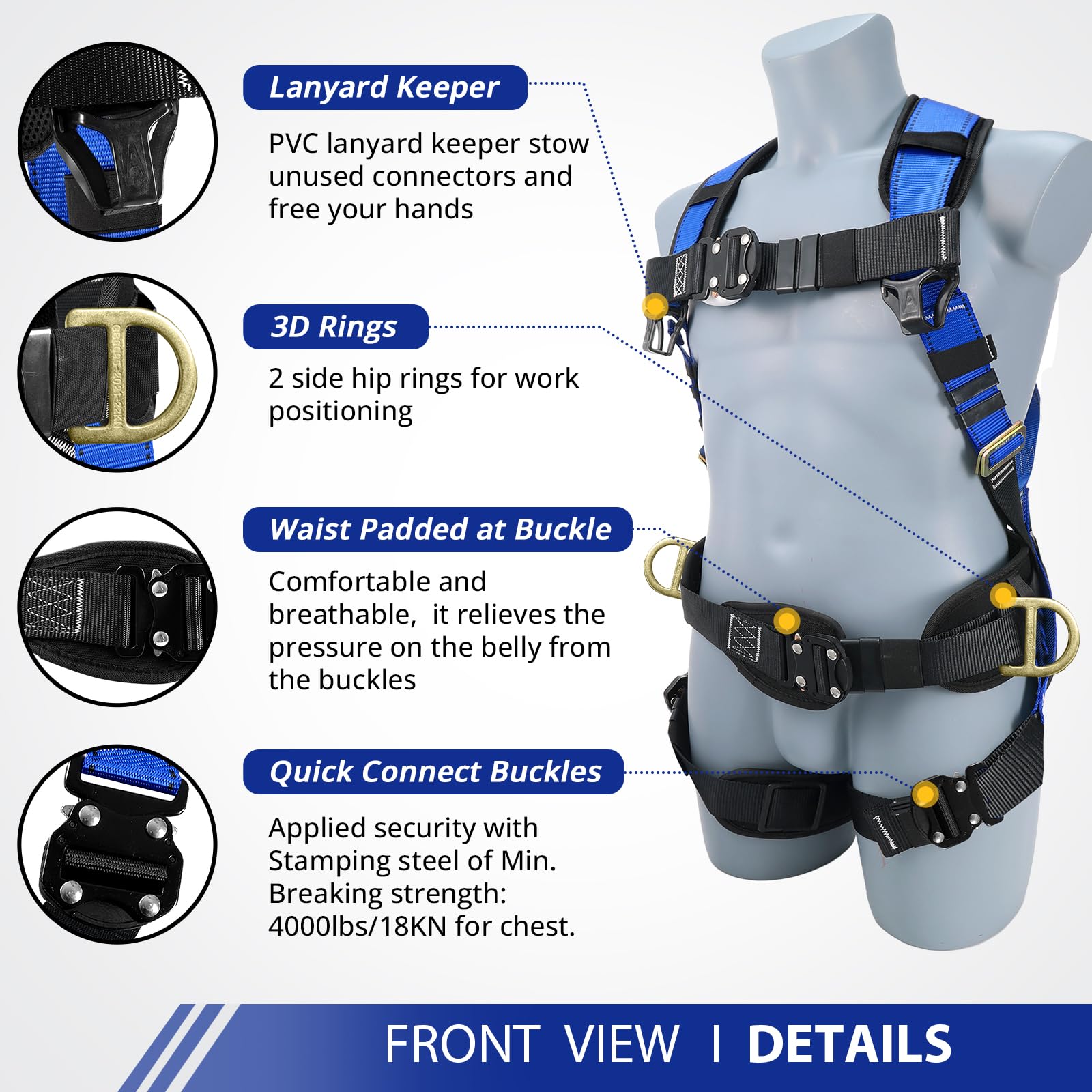 TRSMIMA Full Body Safety Harness with Lanyard - OSHA Compliant Fall Protection for Roofing & Construction Work | Heavy Duty 4 Quick Buckle System | Ideal for Roofers, Construction Workers & Industrial Use
