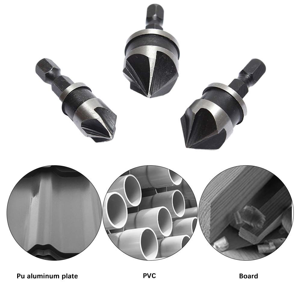 3pcs/Set Hex Shank Countersink Drill Bit Set - High Speed Steel Boring Tools for Wood & Metal - Quick Change Hex Shank for Easy Use - Perfect for DIY Projects, Furniture Making & Metalworking