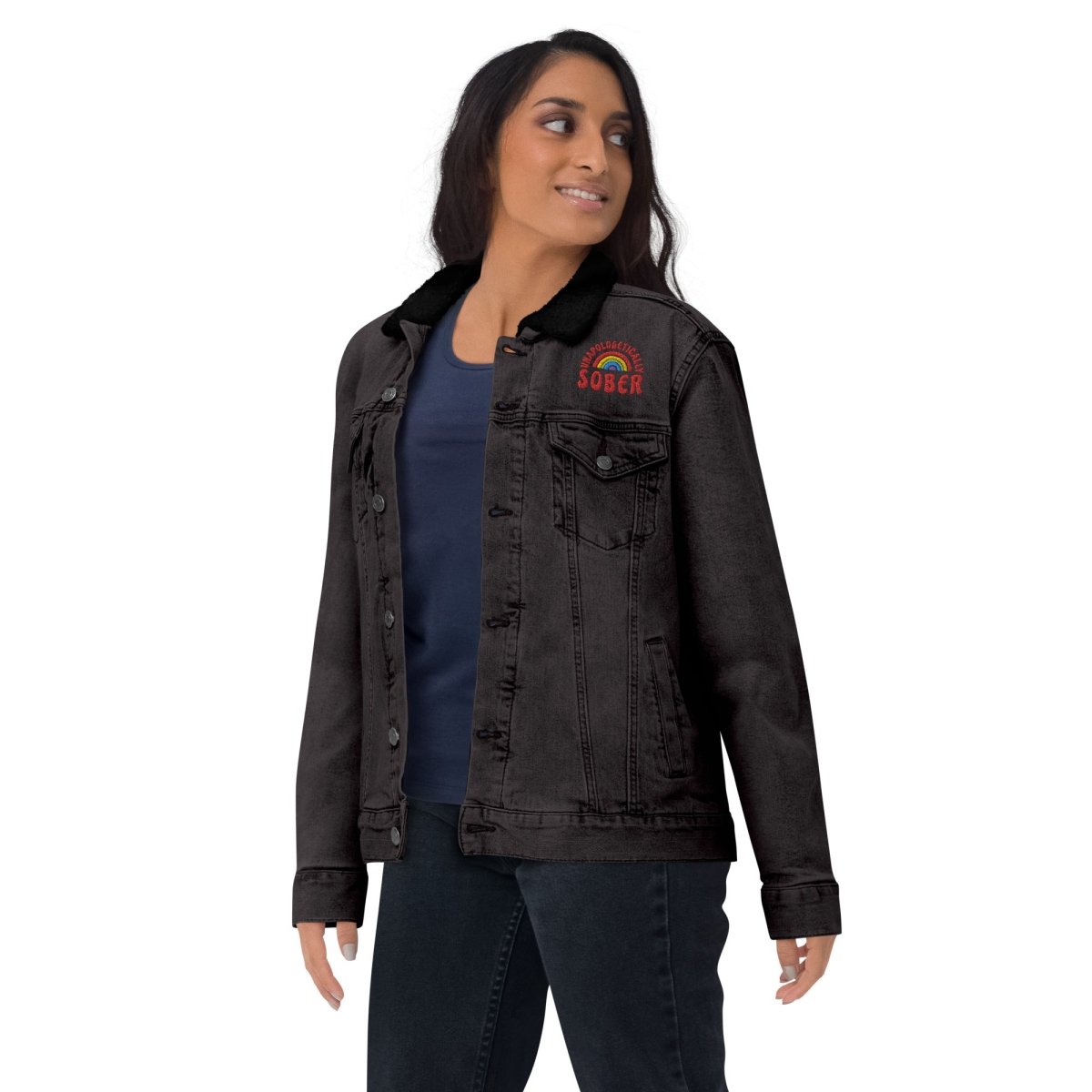 Unisex Sherpa Denim Jacket with Embroidered 'Unapologetically Sober' Design - Cozy Winter Fashion for Sober Living & Recovery Support
