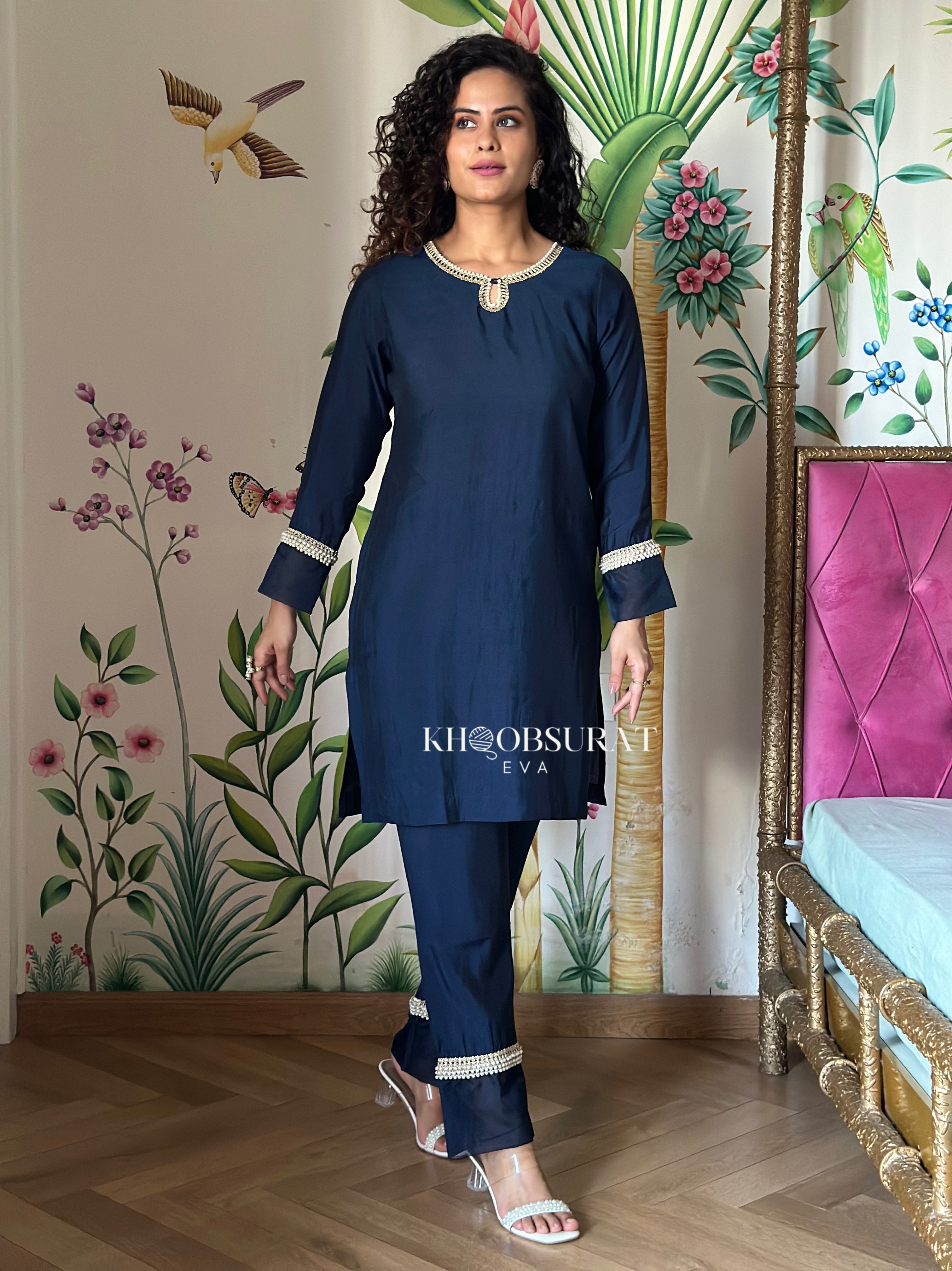 Royal Blue Pearl Embroidered Kurta Set for Women - Elegant Indian Ethnic Wear for Festivals, Weddings & Special Occasions