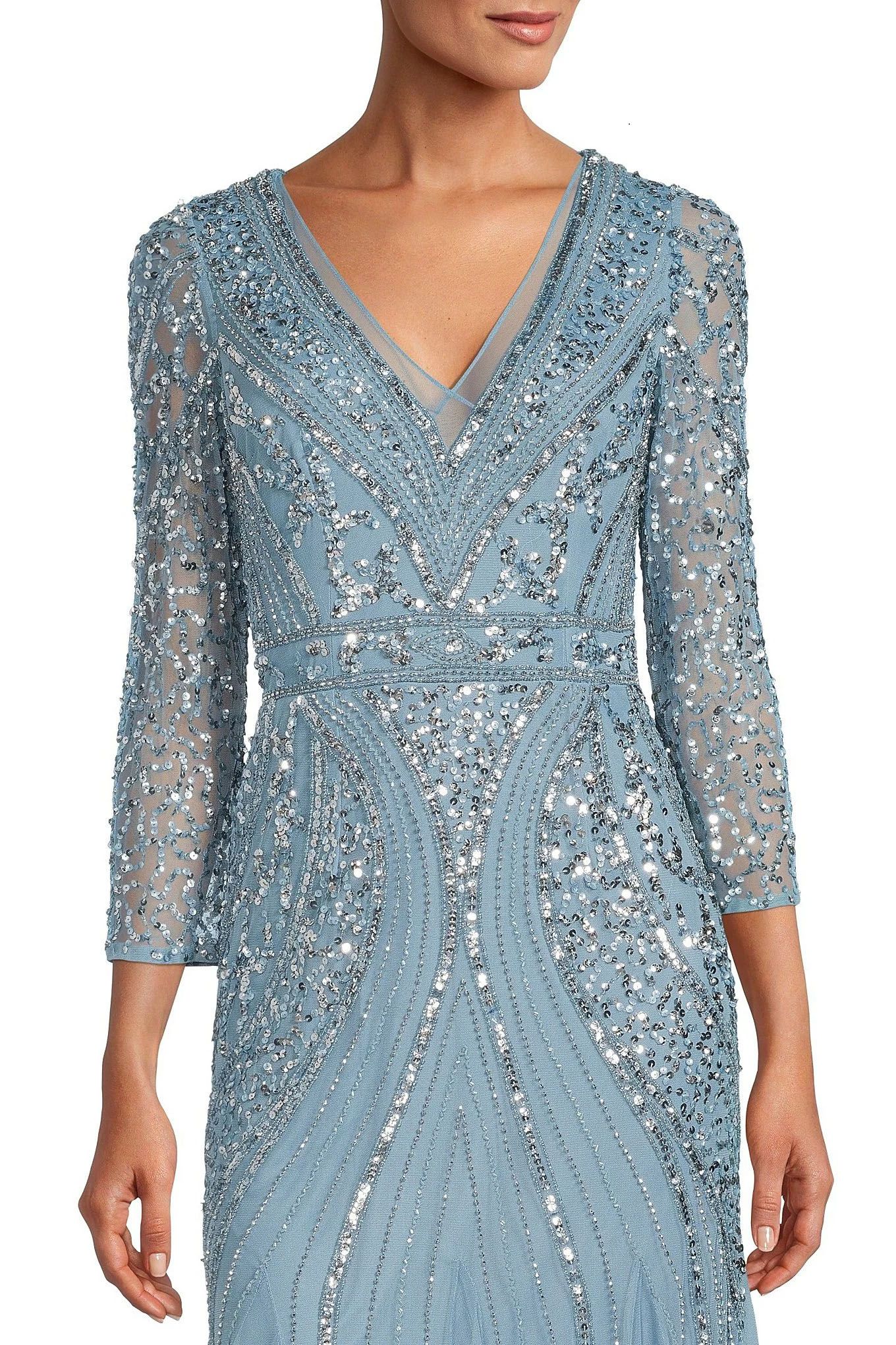 Adrianna Papell Beaded V-Neck 3/4 Sleeve A-Line Gown - Elegant Evening Dress for Prom, Wedding & Formal Events - Air Sky Blue