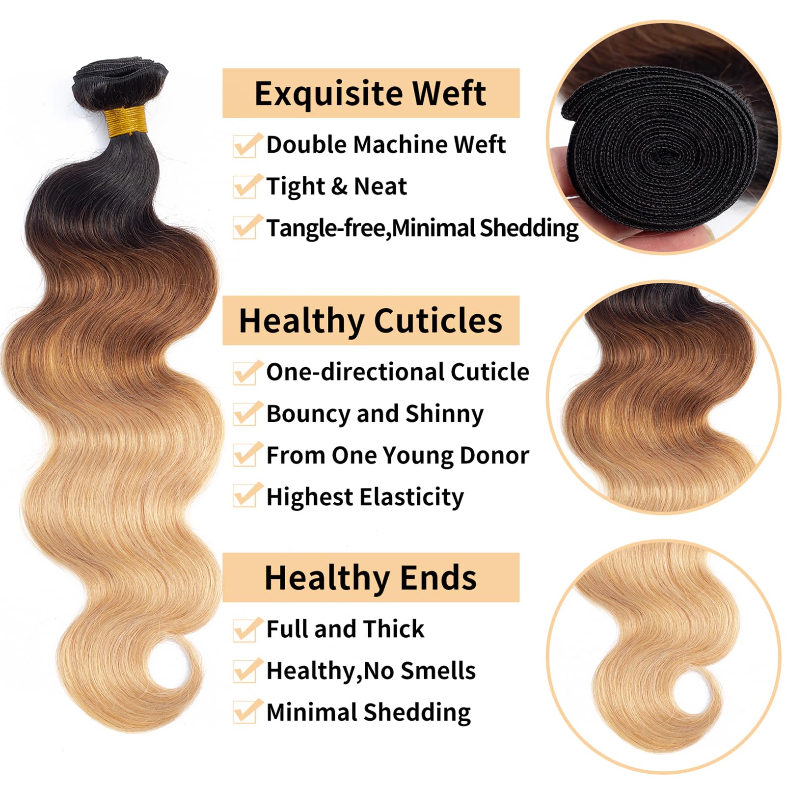 12A Ombre Brazilian Human Hair Bundles with Closure - 100% Unprocessed Virgin Body Wave Weave (16