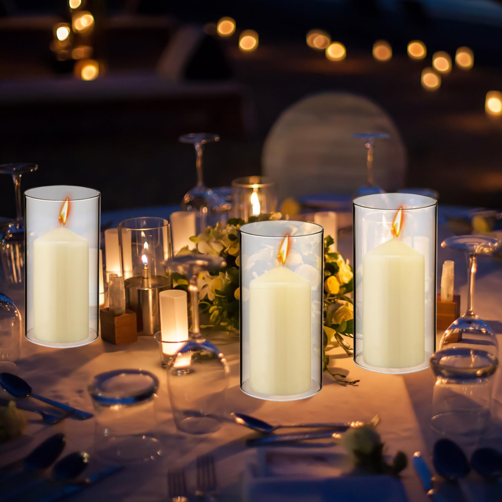 Yaomiao 6-Pack Clear Glass Hurricane Candle Holders with Unscented Pillar Candles - 2.5x6 Inch Open-Ended Cylinder Candle Sleeves for Wedding, Dining Table, Home Decor & Party Centerpieces