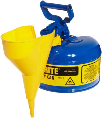 Justrite 7110310 1 Gallon Galvanized Steel Type I Blue Safety Can with Funnel - Leak-Proof Gasoline & Flammable Liquid Storage for Workshops, Garages & Industrial Use