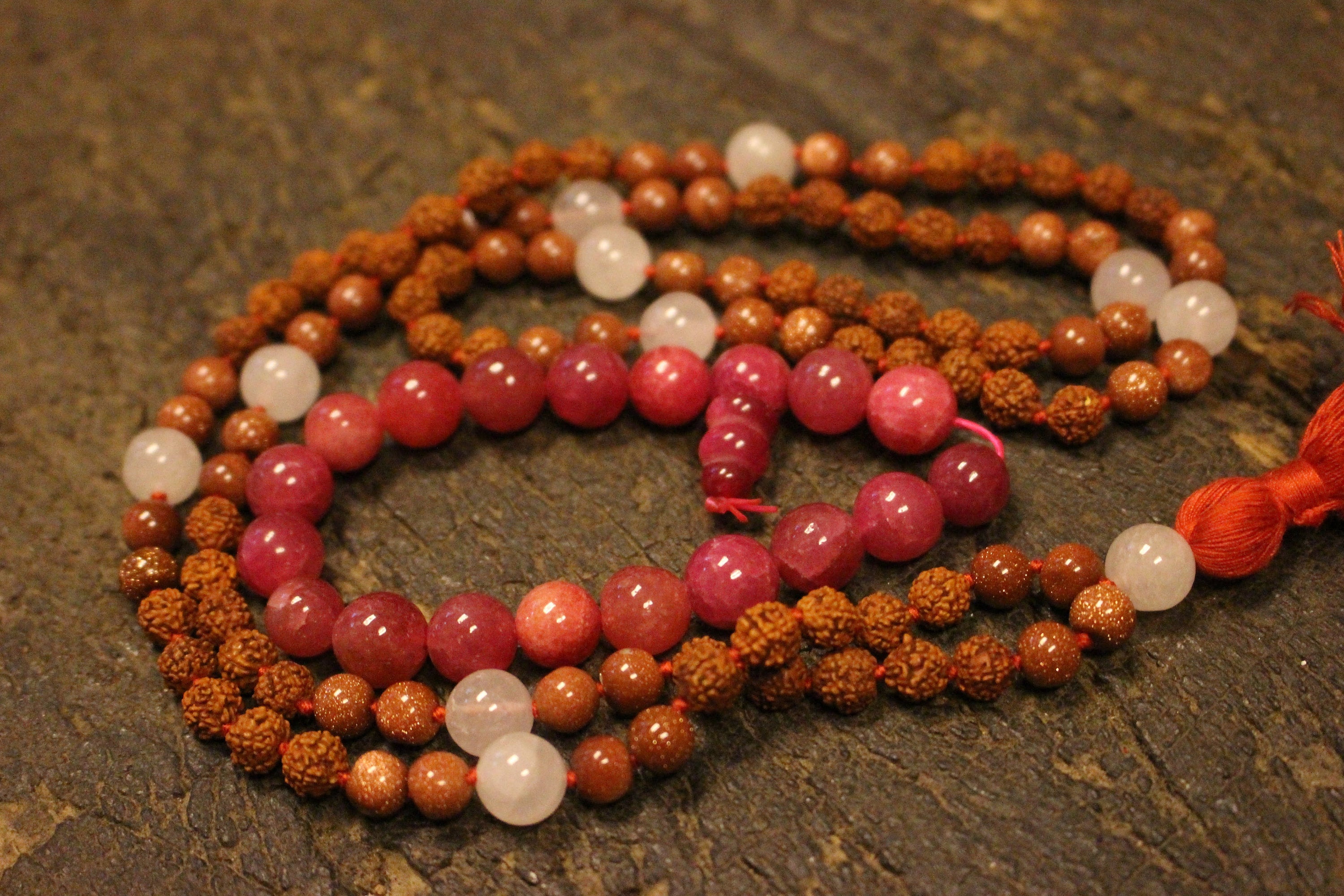 Malabeads Pink Jade Ambition Sunstone Rose Quartz Rudraksha Mala Prayer Beads - Meditation, Yoga & Spiritual Healing Jewelry for Women