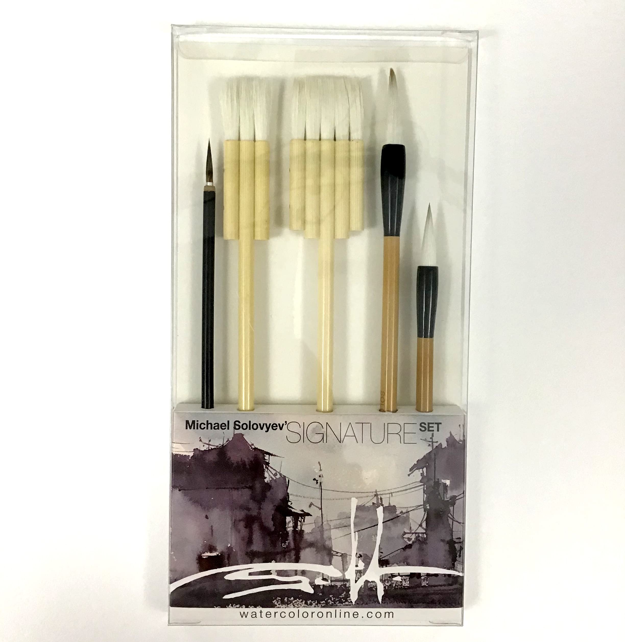 Michael Solovyev Signature Watercolor Brush Set - 5-Piece Handcrafted Natural Hair Paint Brushes for Artists (Flat, Calligraphy & Liner) with Wooden Handles - Perfect for Watercolor Painting, Calligraphy & Fine Art Projects