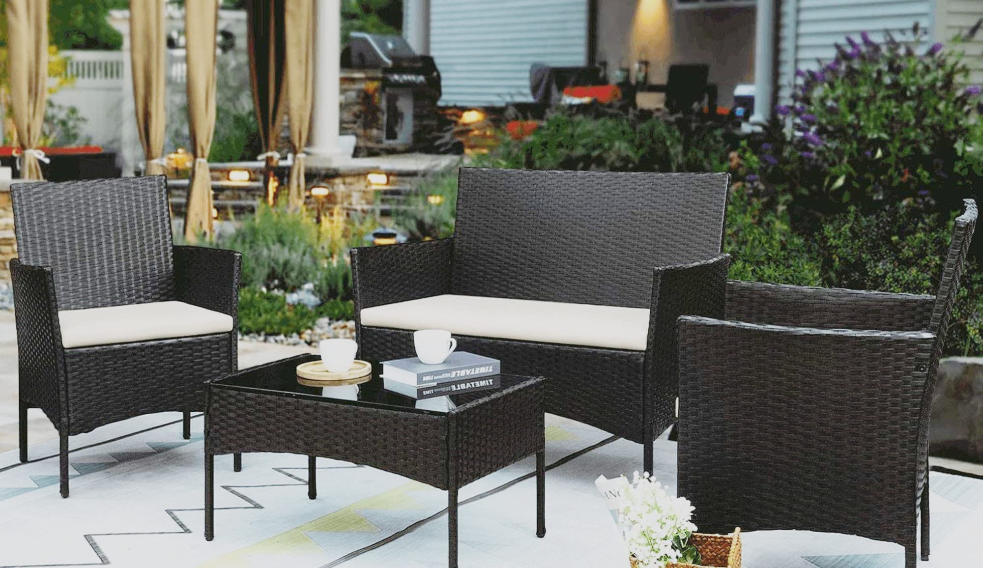 4-Piece Outdoor Patio Conversation Set with Cushions - Rattan Wicker Sofa & Tempered Glass Coffee Table - Perfect for Backyard, Garden, Balcony, Porch & Poolside Relaxation