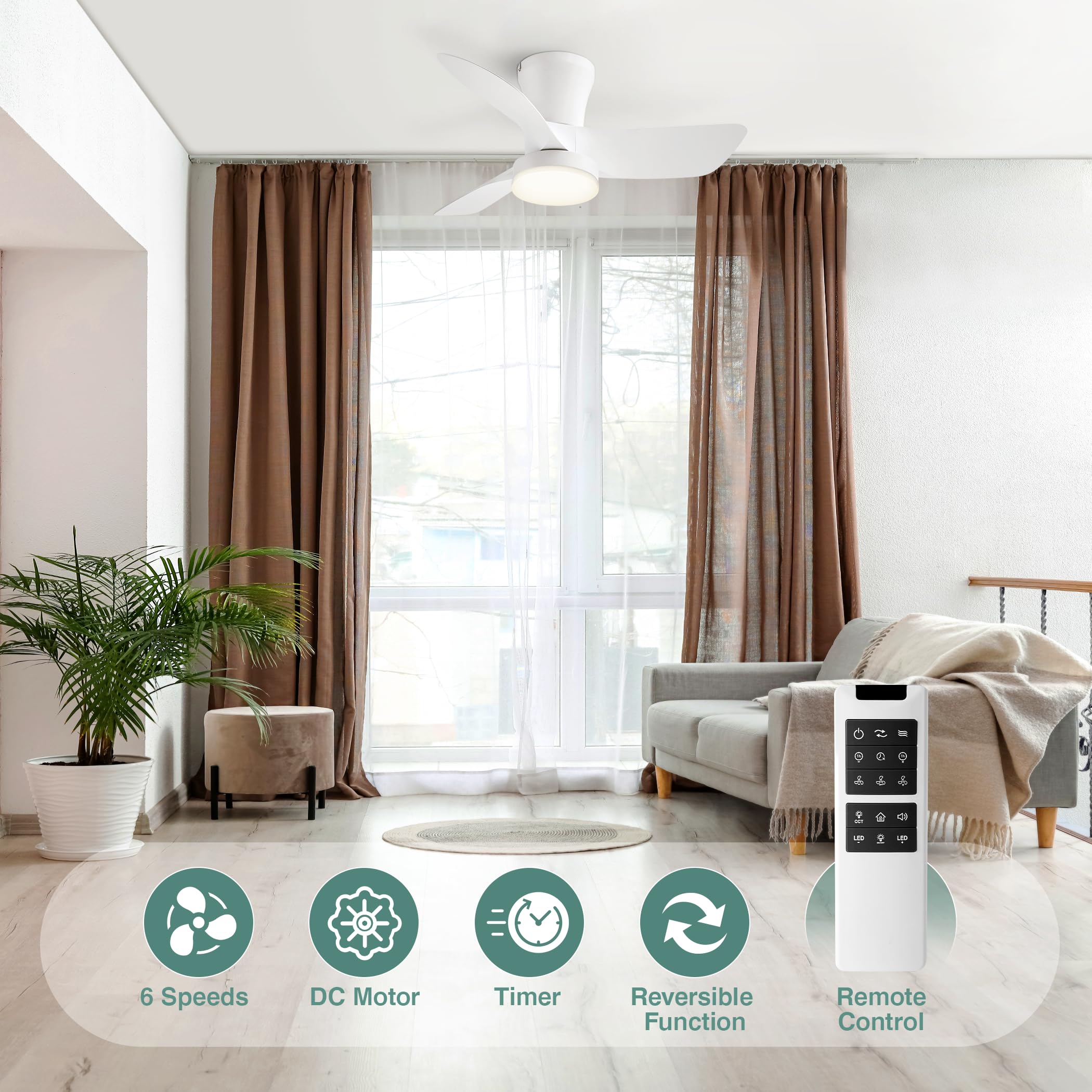 SUNMORY 30 Inch Low Profile Ceiling Fan with Light and Remote Control - Modern Flush Mount Ceiling Fan for Bedroom, Kitchen, Dining Room, Patio - 6 Speed Settings, Dimmable LED Light, White - Perfect for Home Cooling and Stylish Interior Decor
