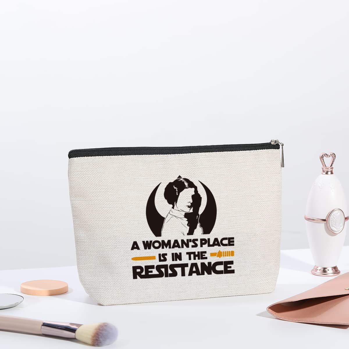 Feminist Makeup Bag - 'A Woman’s Place Is in the Resistance' Travel Toiletry Pouch for Women, Sisters & Friends - Empowering Gift for Sci-Fi Movie Fans & Strong Women - Perfect for Travel, Gym & Daily Use