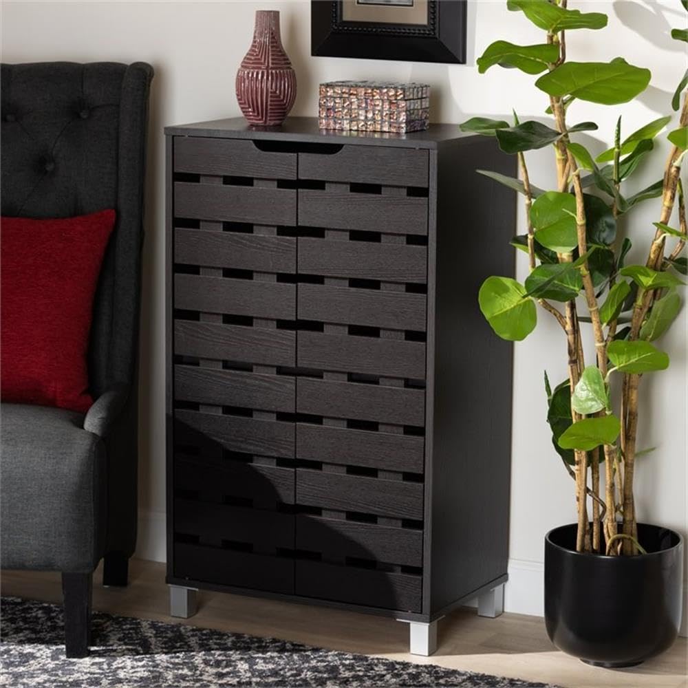 BOWERY HILL Modern Dark Brown Wooden 2-Door Shoe Cabinet - Contemporary Shoe Storage Organizer for Entryway, Closet & Bedroom Organization