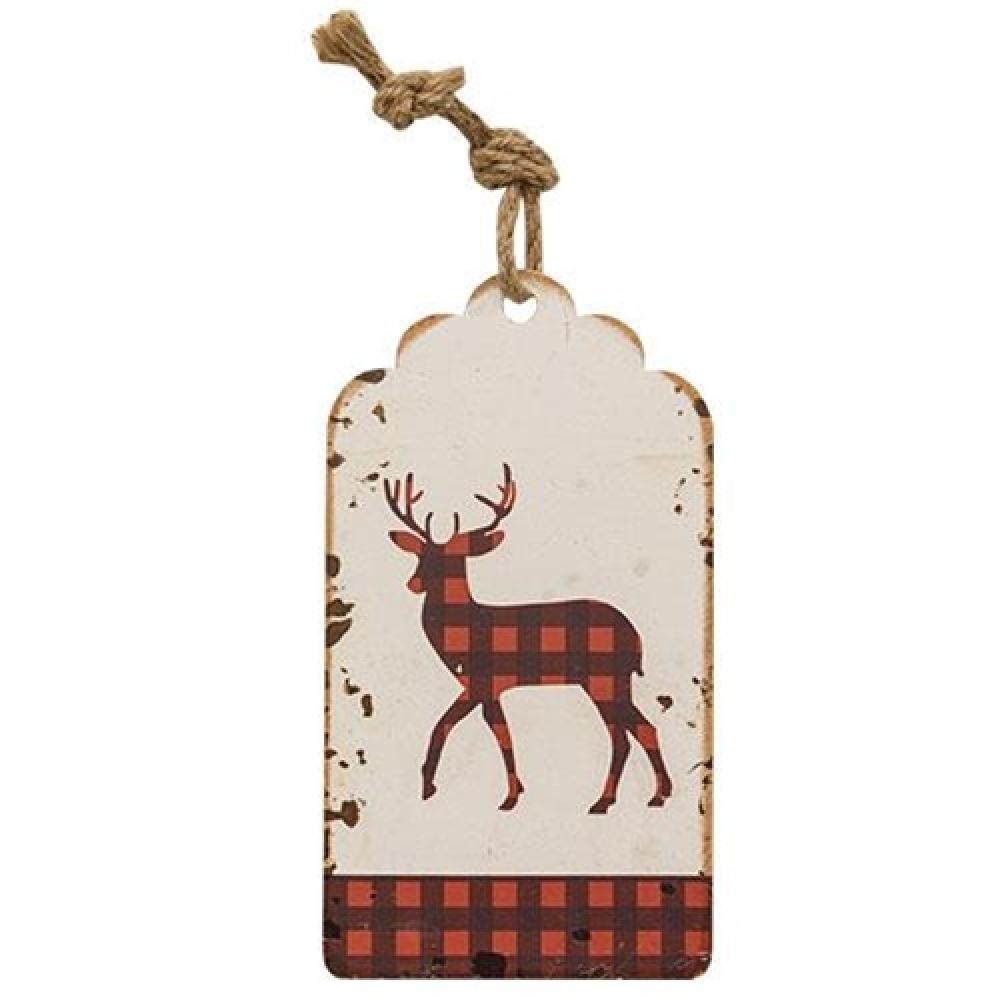 Distressed Metal Buffalo Check Deer Hanging Tag - Rustic Farmhouse Decor for Christmas Tree Ornaments, Gift Tags & Cabin Wall Decor