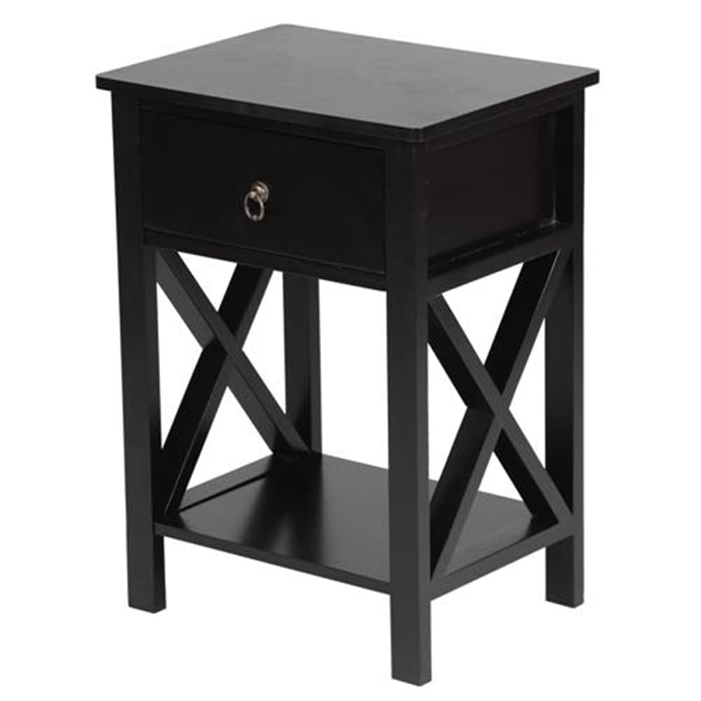Modern Wooden End Table with Drawer & Storage Shelf - Nightstand, Sofa Side Table for Living Room & Bedroom - Black - Perfect for Small Spaces, Coffee Table Companion, Bedside Storage Solution