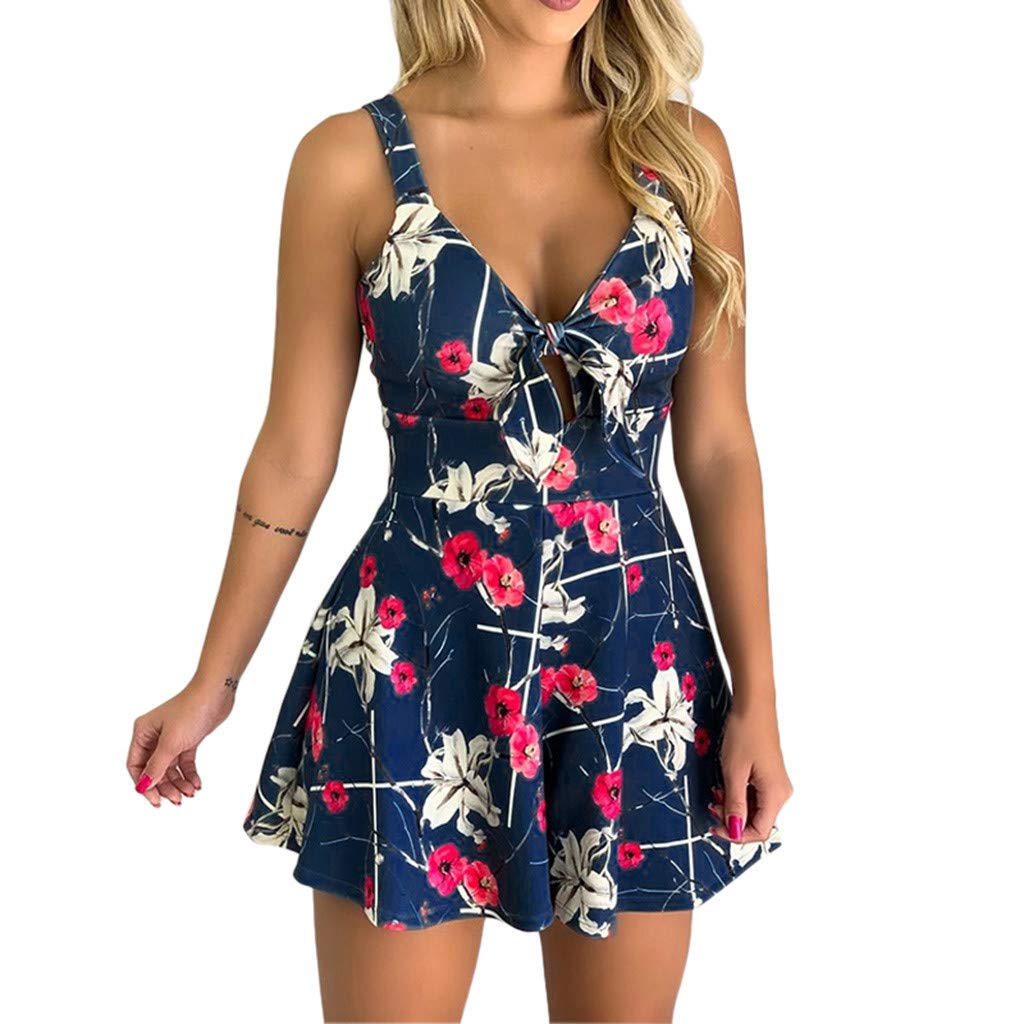 iOPQO Women's Fashion Print Playsuit - Tie Front Loose Jumpsuit with Bow Detail & Hollow Out Design - Casual Summer Romper Overalls (Blue, Medium) | Perfect for Beach Vacation, Date Night & Outdoor Activities