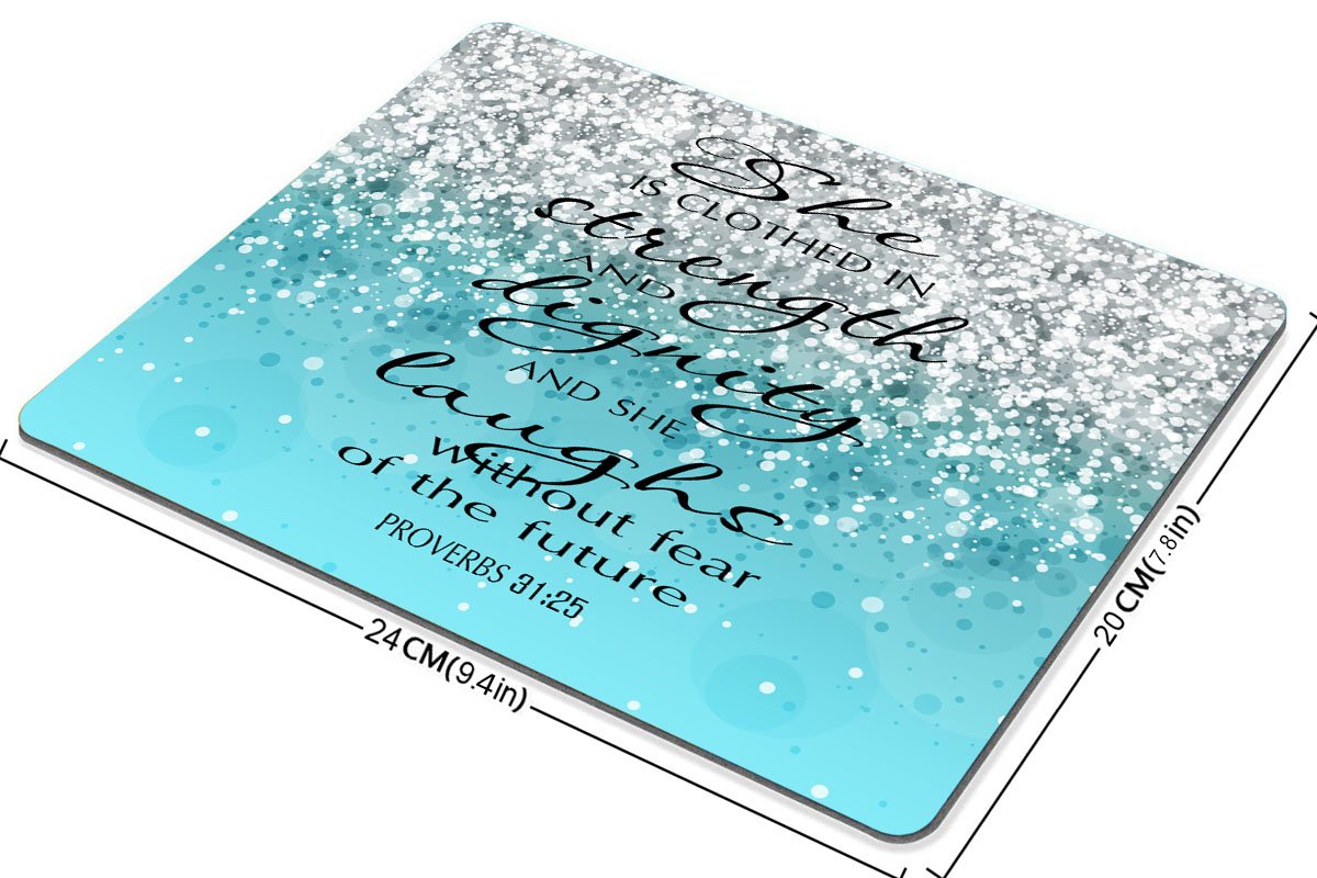 Proverbs 31:25 Bible Verse Mouse Pad with Blue Sparkles Glitter Design - Non-Slip Desk Accessory for Office, Gaming & Bible Study