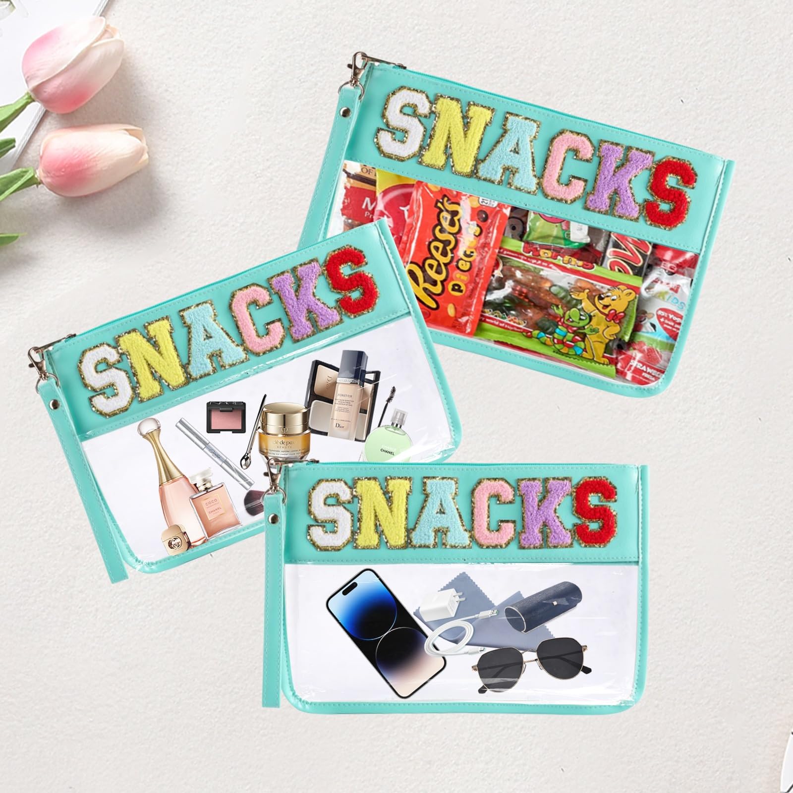 2 Pack Clear Zippered Snack Bags for Travel, Beach & Makeup - Large Capacity Waterproof Pouch for Snacks, Toiletries & Essentials (Blue) - Perfect for Picnics, Vacations & Daily Use