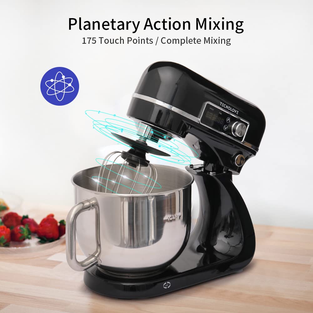 **6.3 Quart Stand Mixer with 300W DC Motor - 12 Speeds, Planetary Action, Digital Timer & Stainless Steel Bowl - Includes Dough Hook, Flat Beater, Whisk & Splash Guard (Black) - Perfect for Baking Bread, Cakes, Cookies & More**