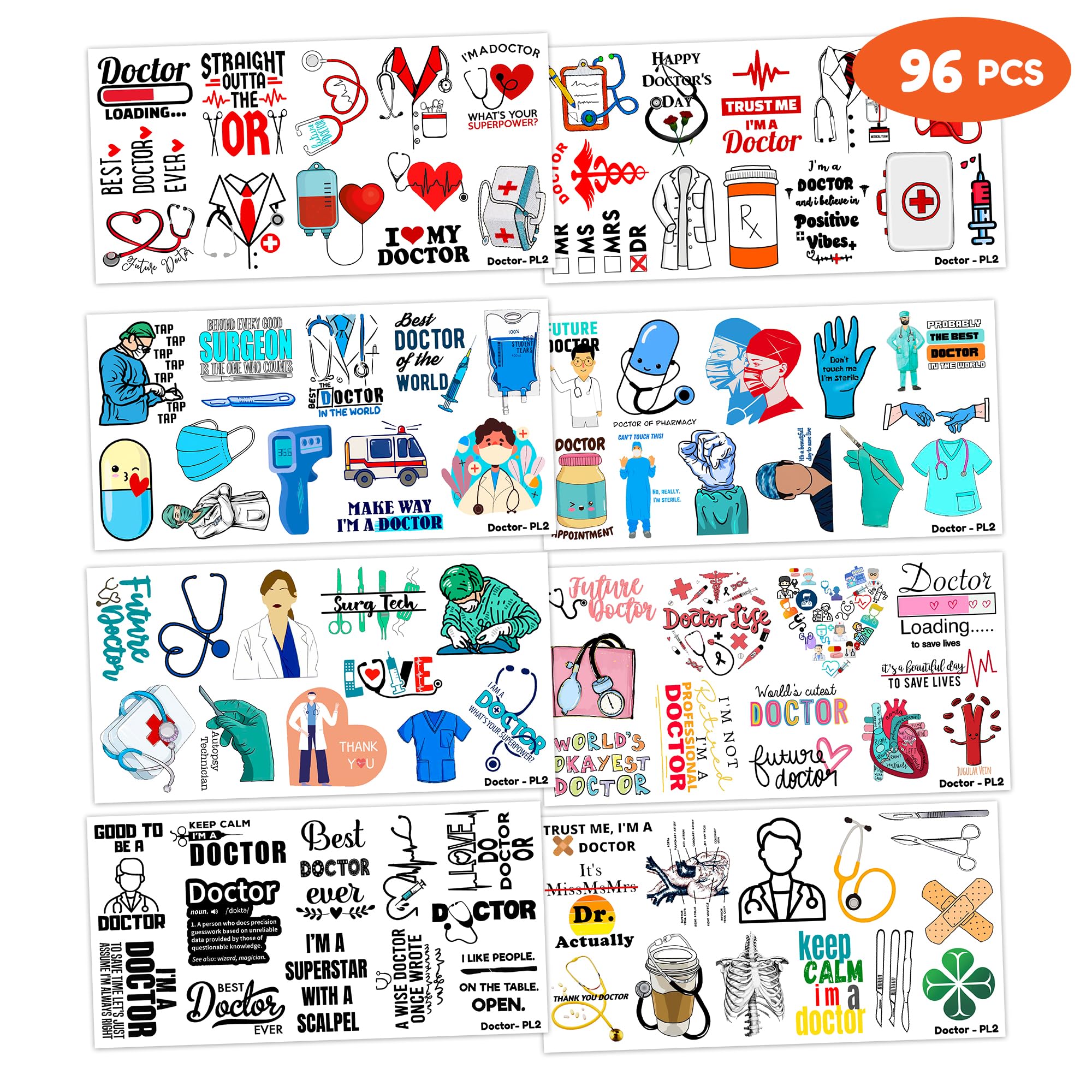 96PCS Funny Doctor Medical Equipment Temporary Tattoos - Themed Birthday Party Decorations, Favors & Supplies - Cute Healthcare Nurse Pharmacy Tattoo Stickers - Perfect Gifts for Kids, Boys & Girls - Ideal for School Prizes, Halloween Costumes & Role Play Activities