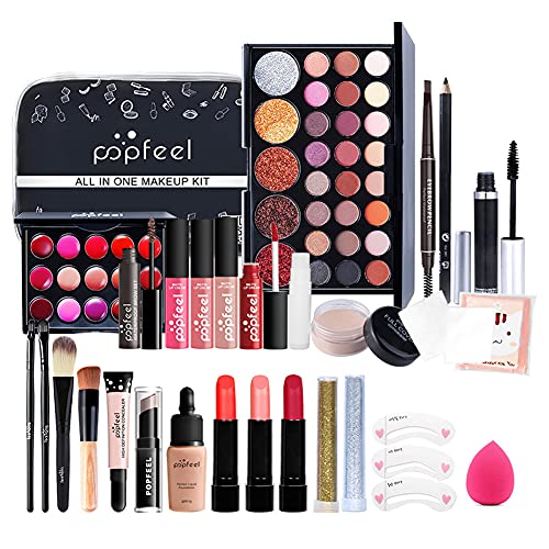 All in One Makeup Kit for Women - Complete Cosmetic Starter Set with Makeup Brushes, Eyeshadow Palette, Lip Gloss, Eyebrow Pencil & Mascara - Perfect for Travel, Everyday Use & Professional Makeup Application (KIT004)
