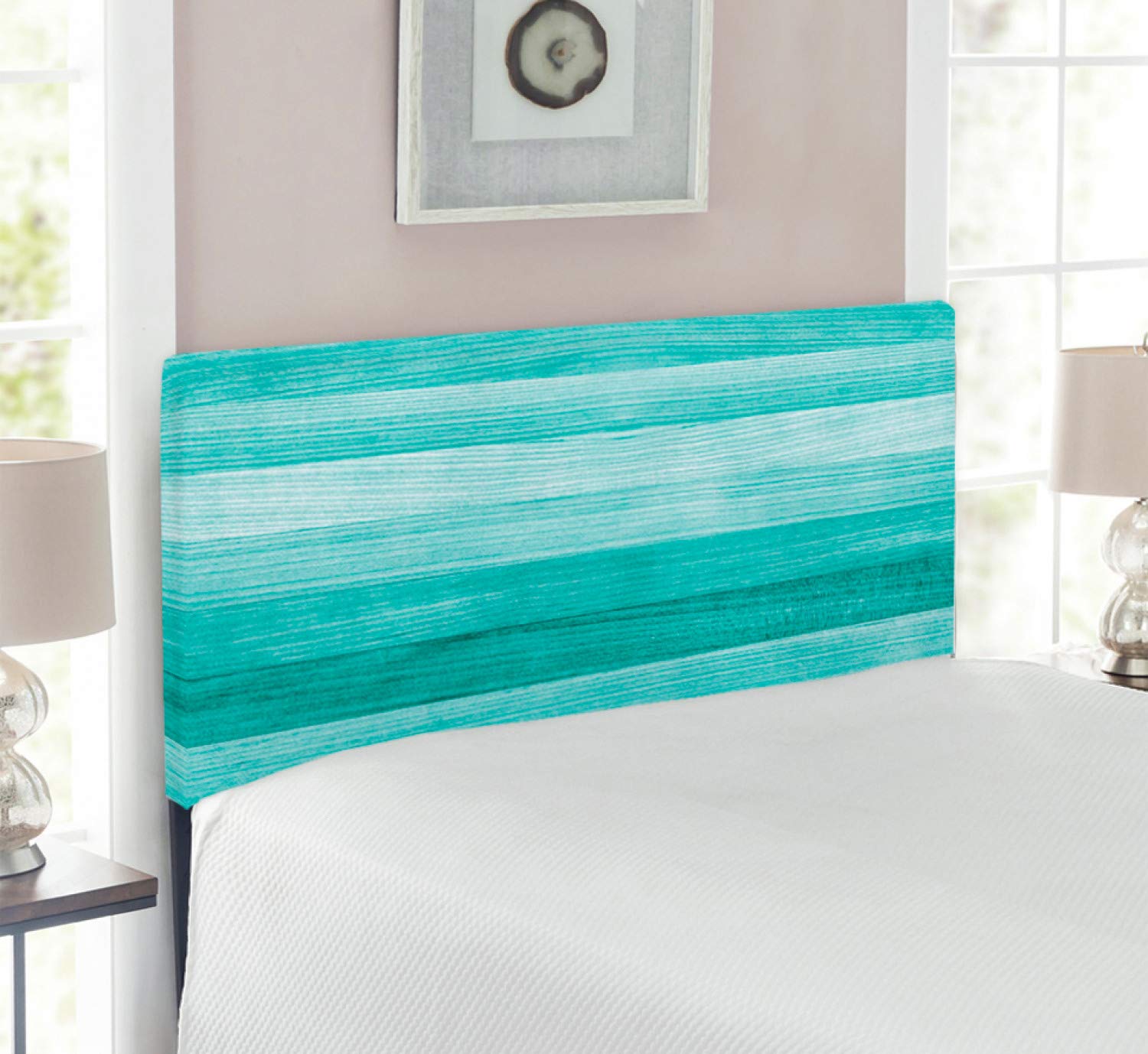Ambesonne Teal Upholstered Headboard with Memory Foam - Twin Size Turquoise Decorative Metal Bed Frame with Painted Wood Design, Horizontal Lines Print for Bedroom Decor - Perfect for Easter, Birthdays & Holiday Backdrop Scenes