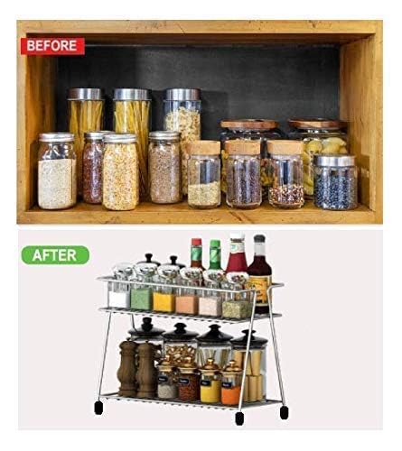 Stainless Steel Kitchen Rack 2-Tier Organizer, Countertop Corner Storage Shelf for Spices, Utensils, and Cookware, Space-Saving Kitchen Solution (33x15x26cm, Silver)