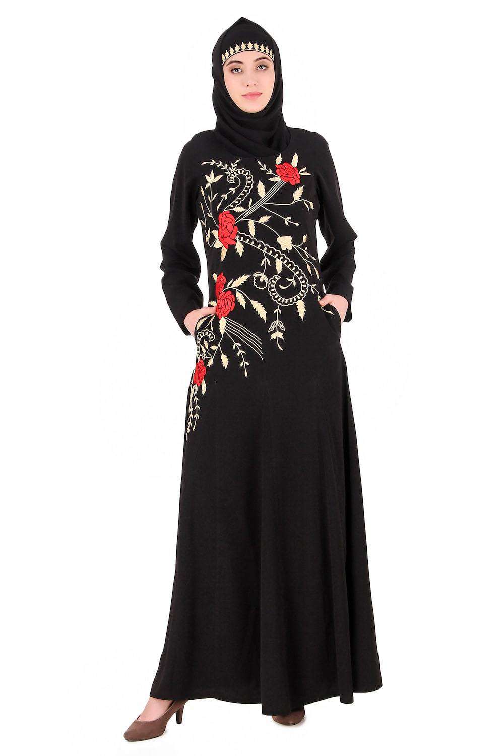Elegant Leaf & Rose Petal Embellished Abaya Dress - Modest Islamic Fashion for Women - Perfect for Eid, Wedding & Special Occasions